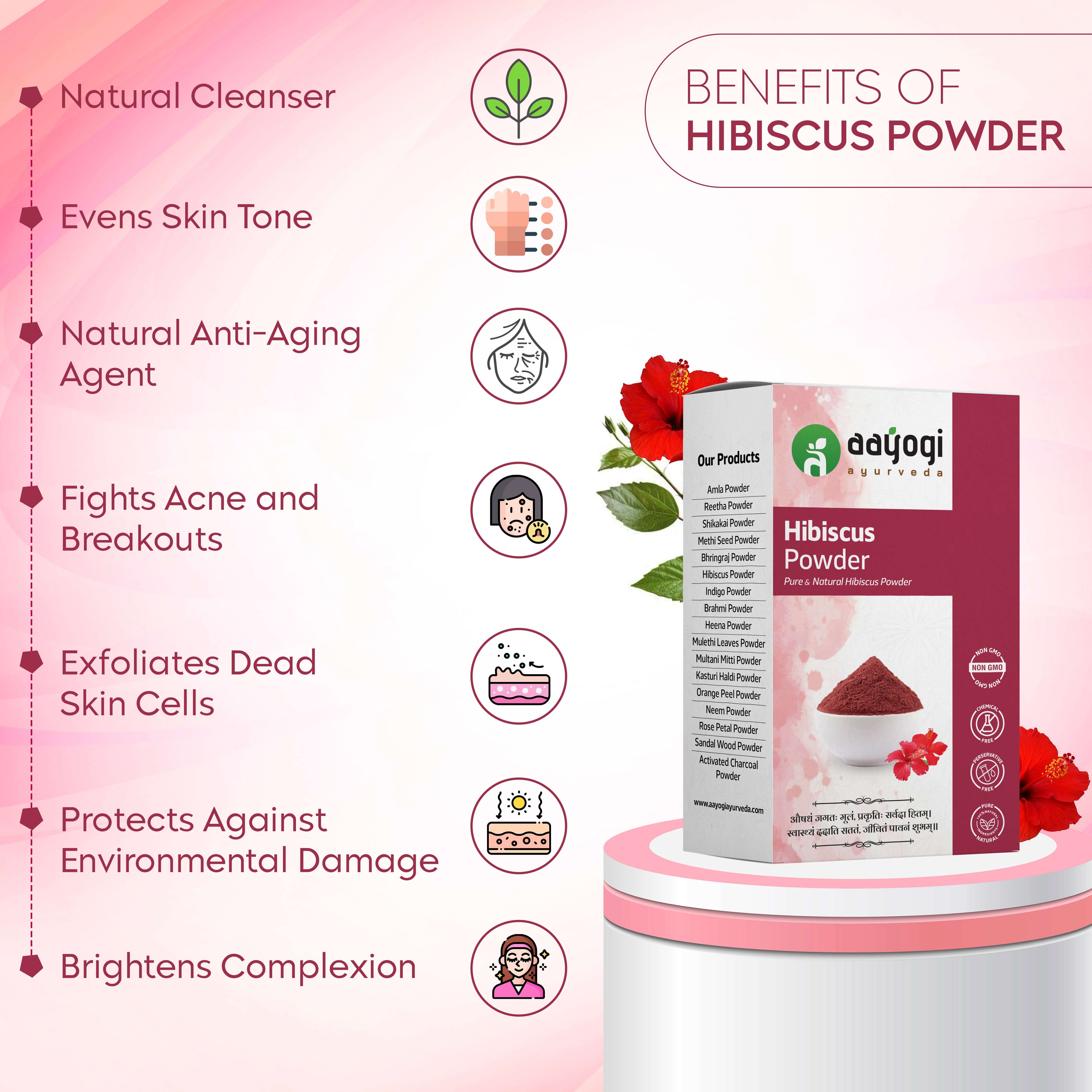 Hibiscus Powder benefits infographic, highlighting natural cleanser, anti-aging, and brightening effects with product image.