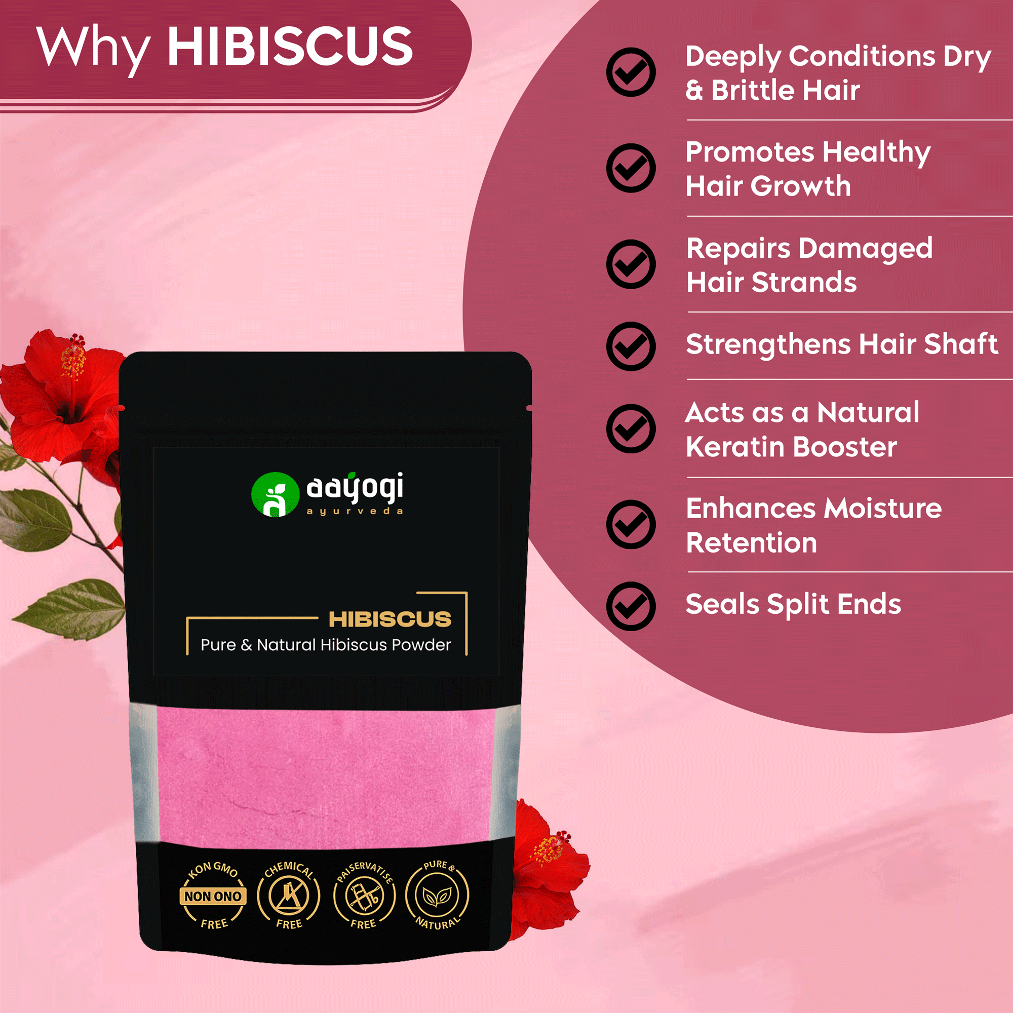 Aayogi Ayurveda Pure & Natural Hibiscus Powder for hair care benefits, repair, growth, and moisture retention.