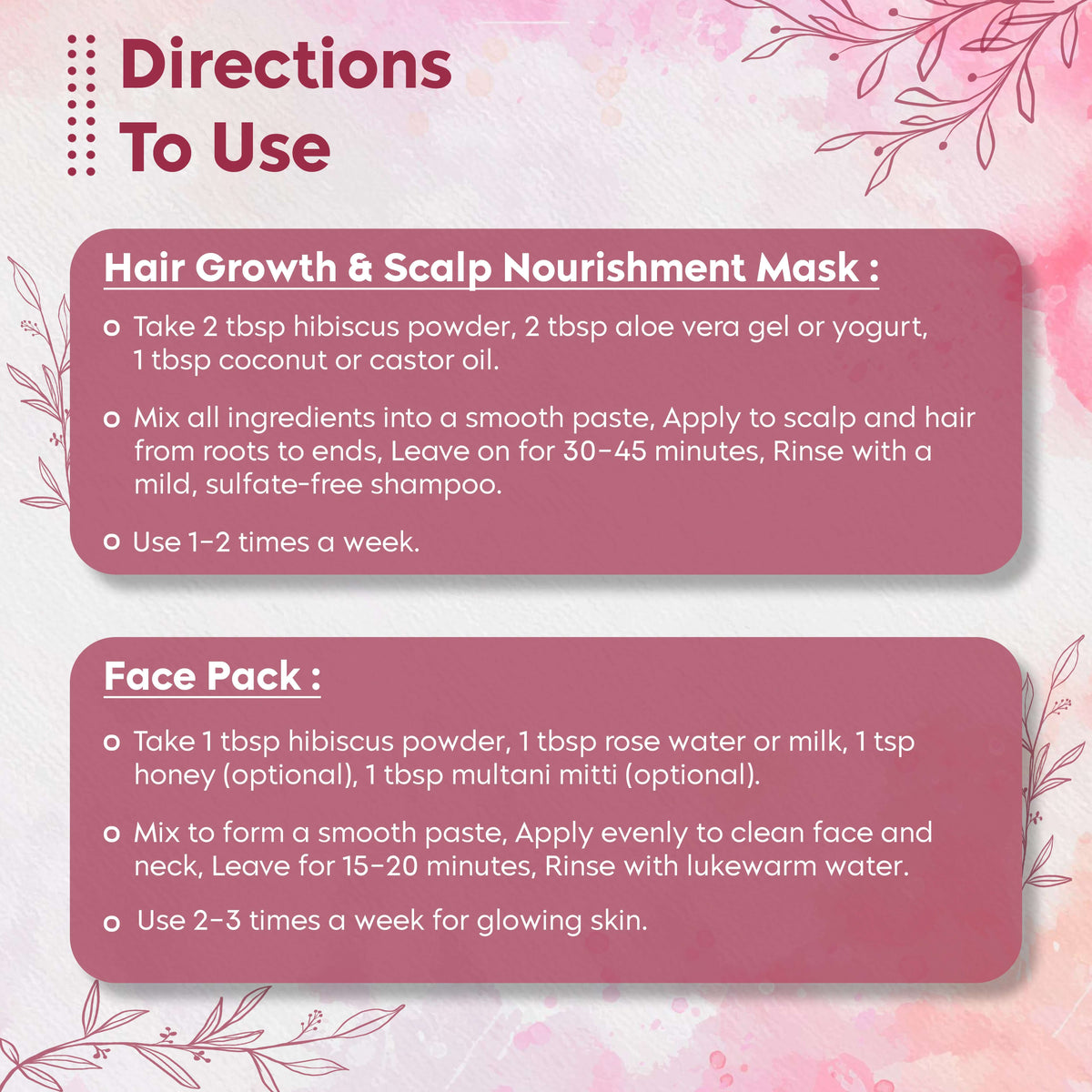 Directions for hair and skin masks using hibiscus powder, including recipes for scalp nourishment and glowing skin.
