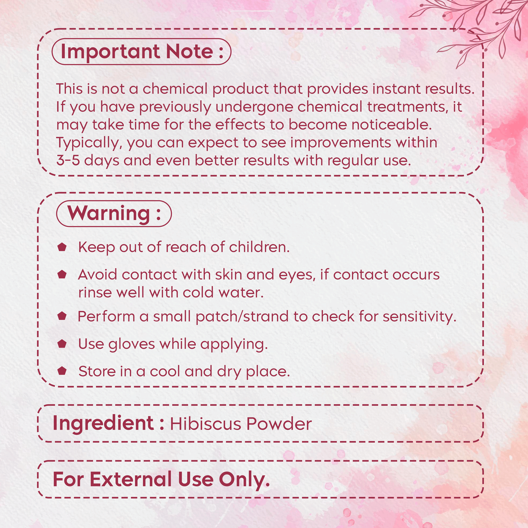 Product label with important notes, warnings, and ingredient information.