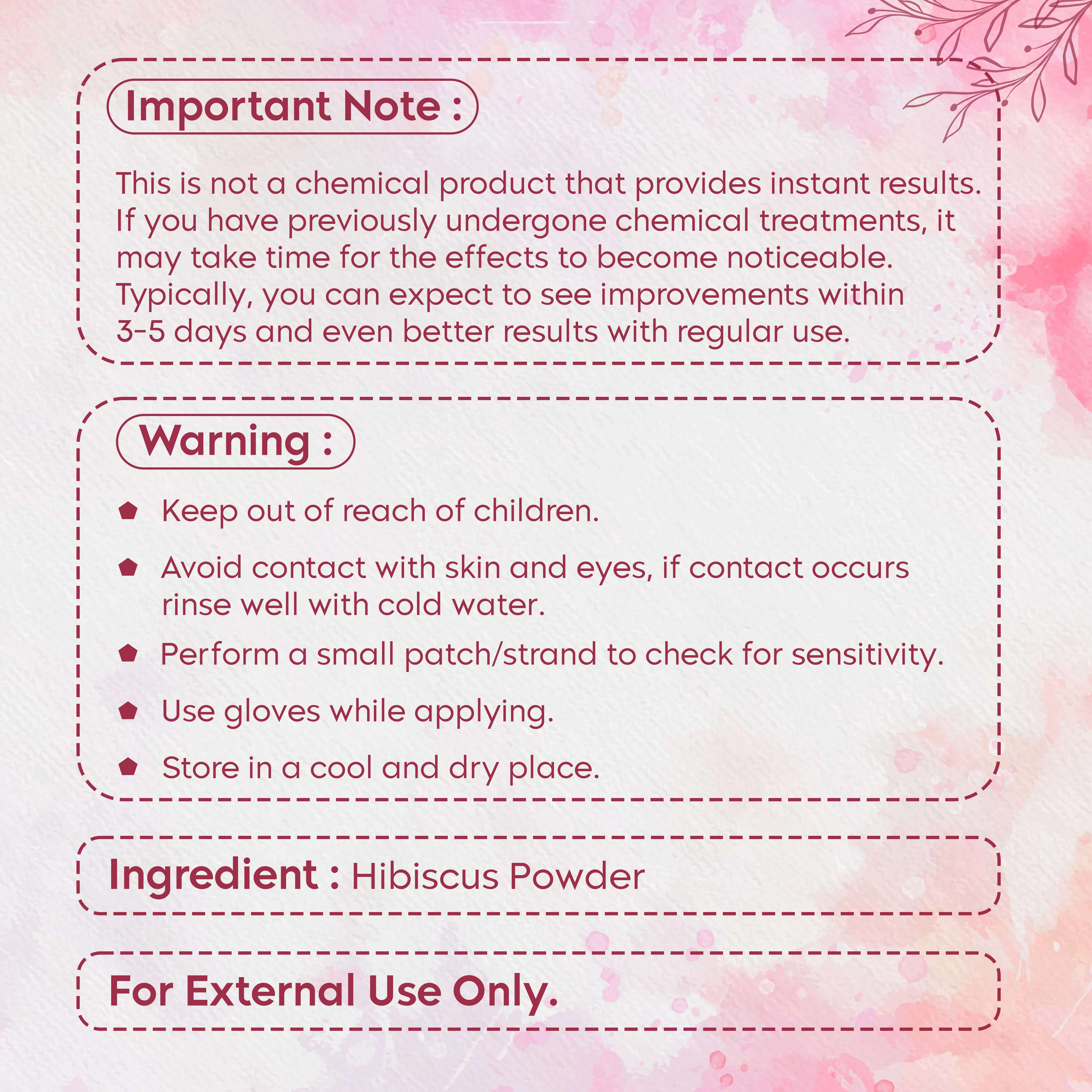 Important note and warning for hibiscus powder usage, including safety precautions and storage instructions.