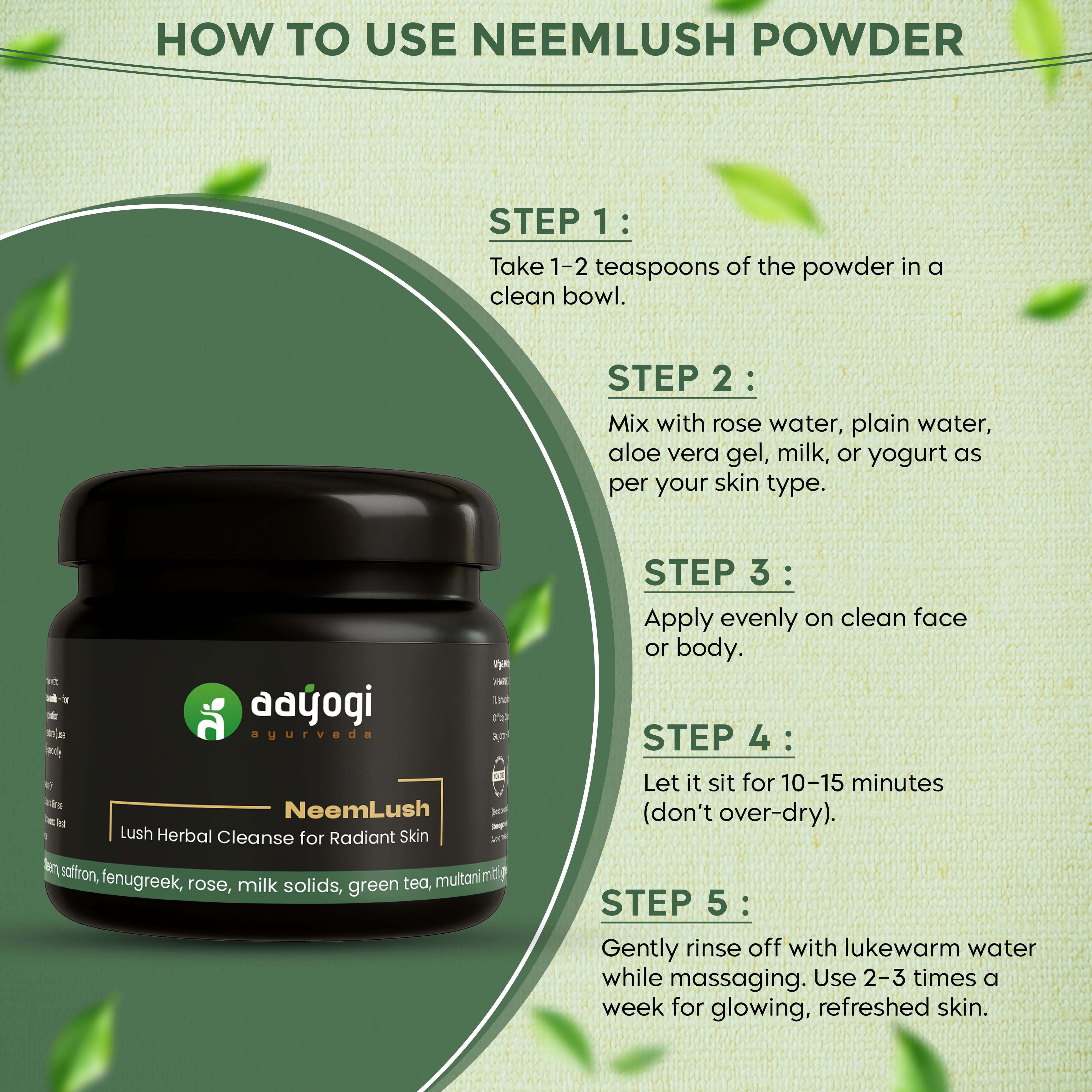 NeemLush face wash powder usage instructions by Aayogi Ayurveda for herbal skincare routine.