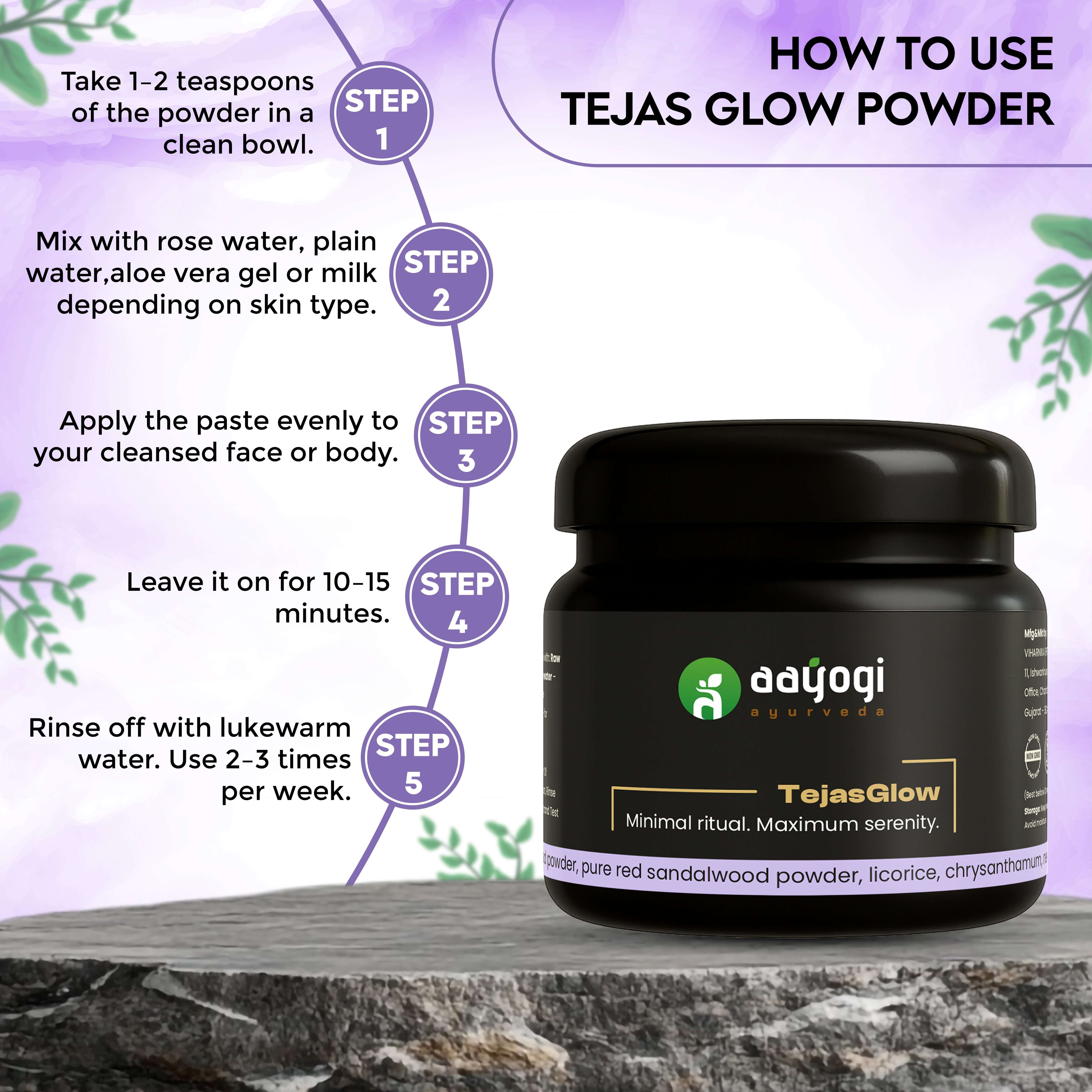 Aayogi Ayurveda TejasGlow herbal face pack jar with usage instructions for skin brightening, featuring Ayurvedic ingredients.