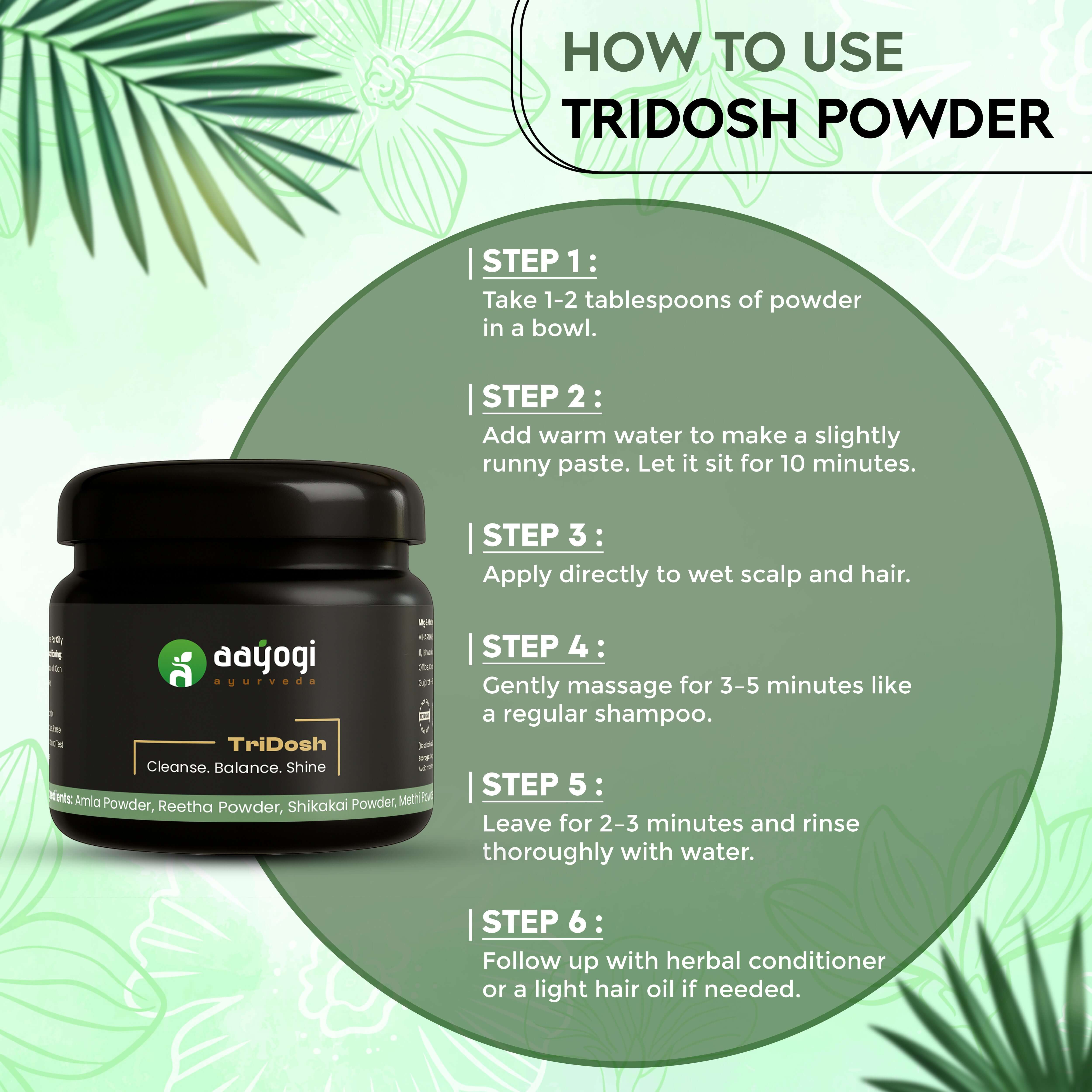 Aayogi Ayurveda TriDosh Herbal Hair Wash Shampoo Powder usage instructions on a tropical-themed background.