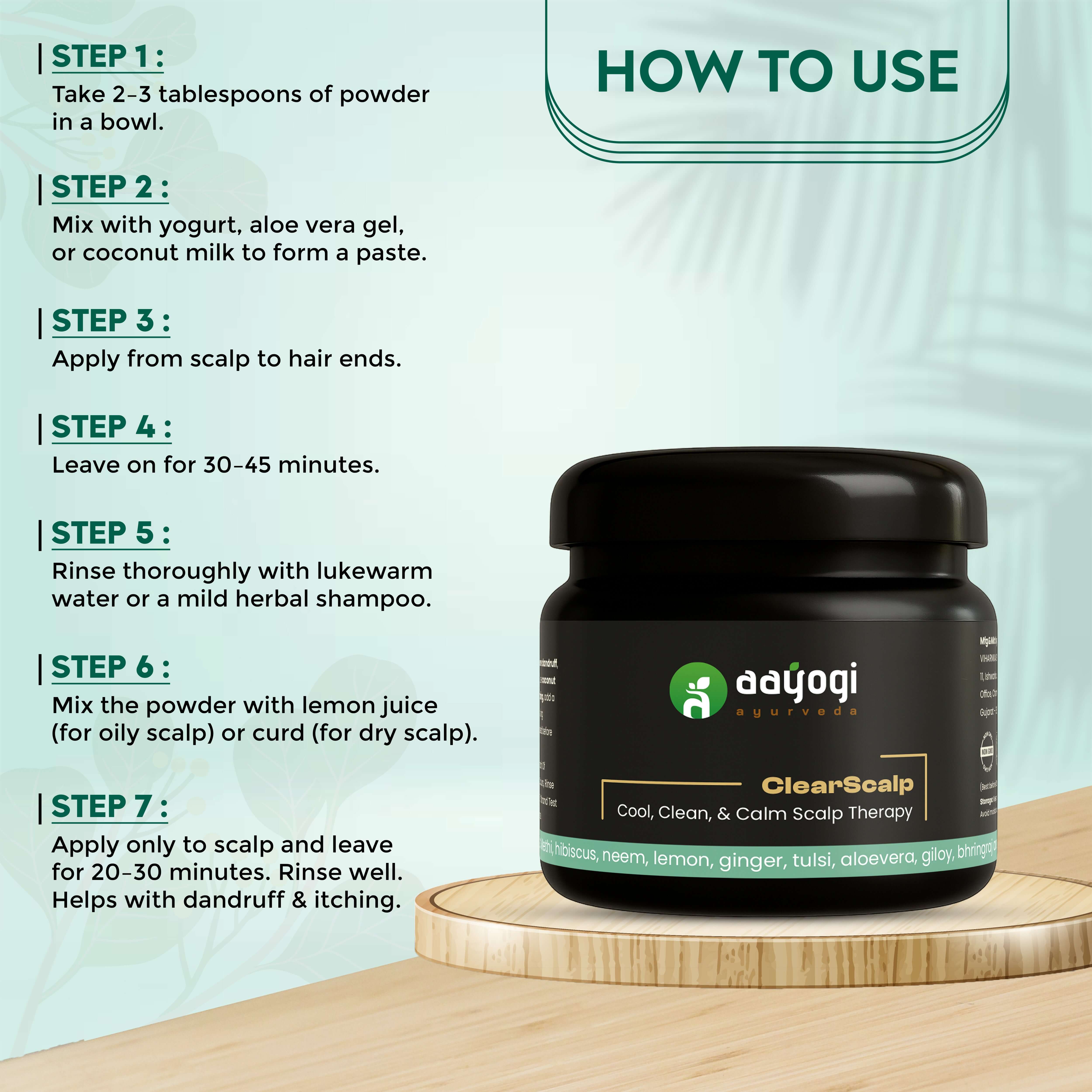 ClearScalp herbal dandruff care powder by Aayogi Ayurveda with usage instructions and ingredients like neem and aloe vera.