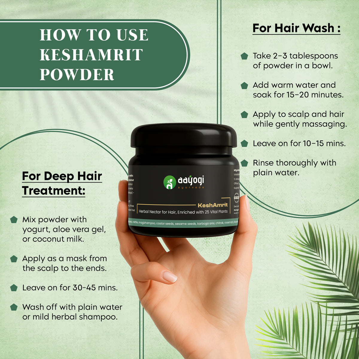 Hand holding Aayogi Ayurveda KeshAmrit Herbal Hair Wash Powder with instructions for use in hair wash and deep treatment.