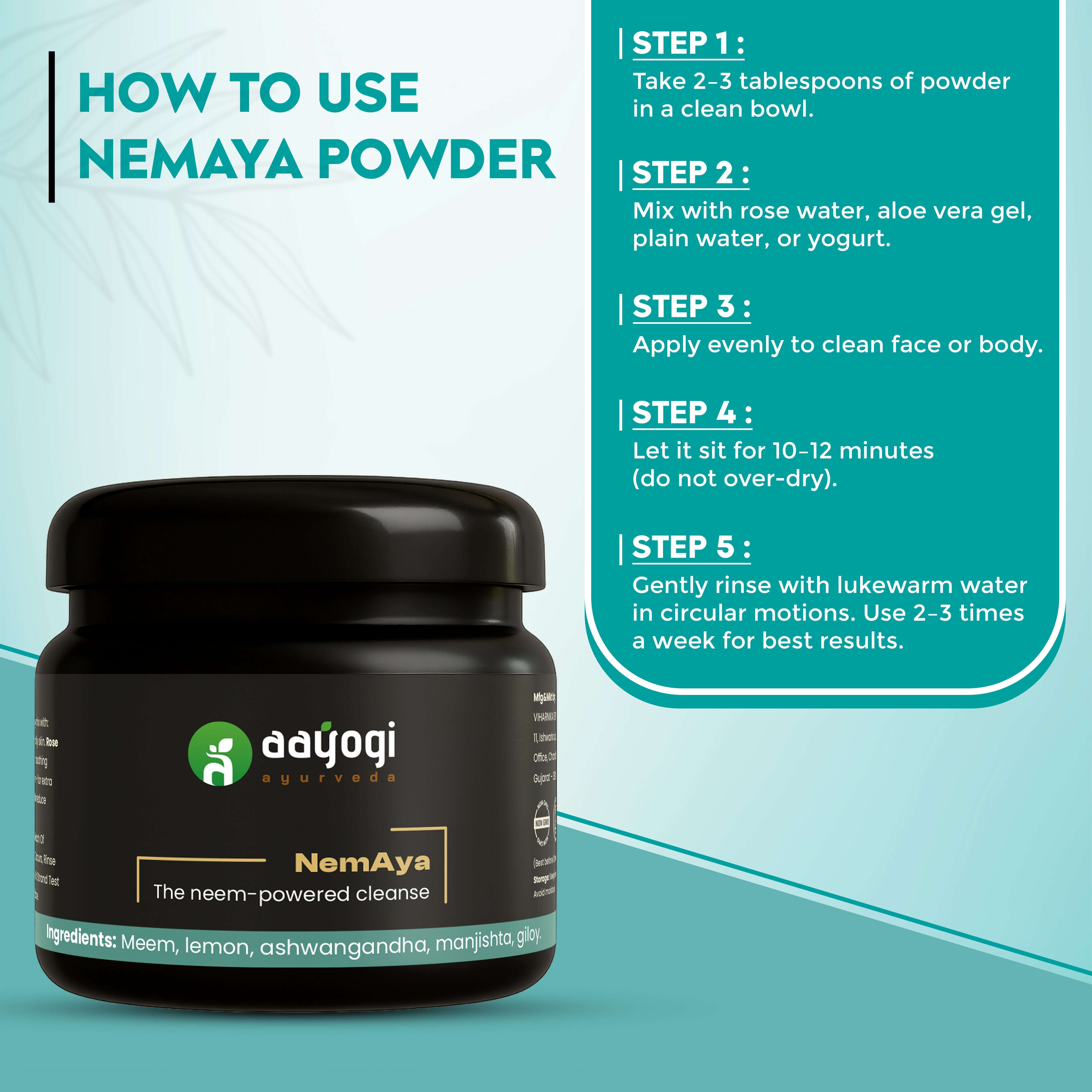 NemAya Acne Treatment Pack by Aayogi Ayurveda with usage instructions for clear skin.