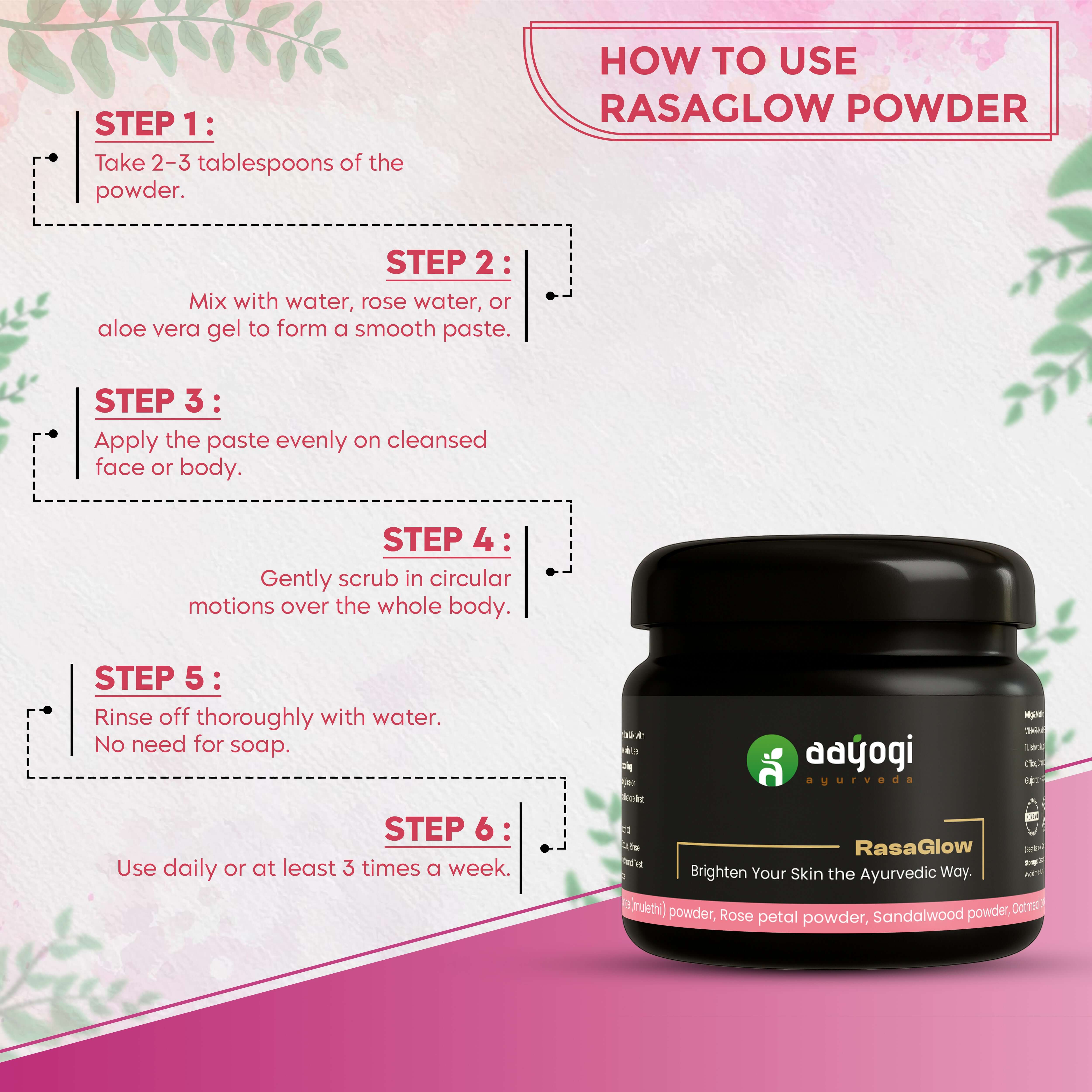 Instructions for using RasaGlow herbal skin brightening and nourishing bathing powder with packaging on a decorative background.