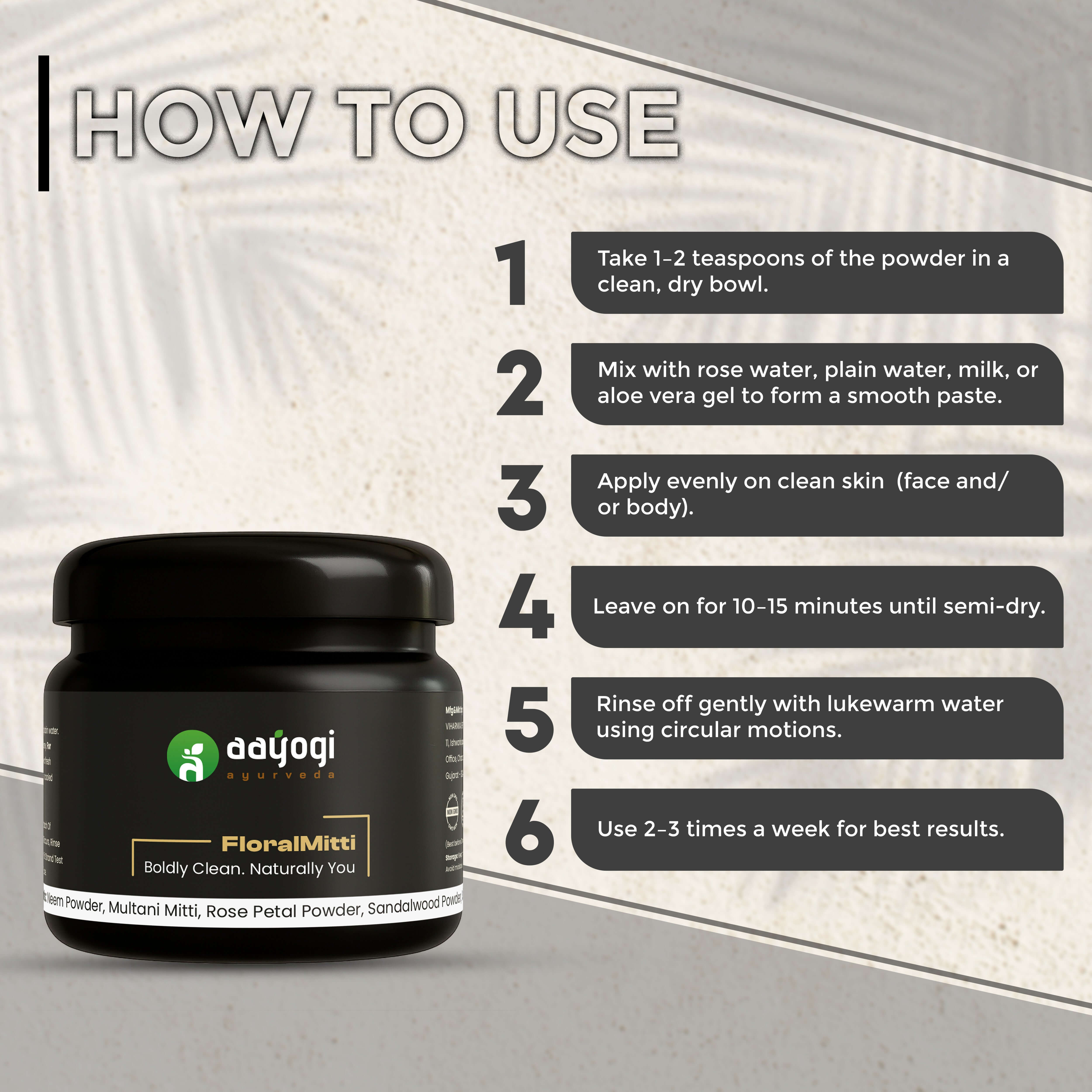 Instruction guide for using FloralMitti Skin Detox Powder by Aayogi Ayurveda