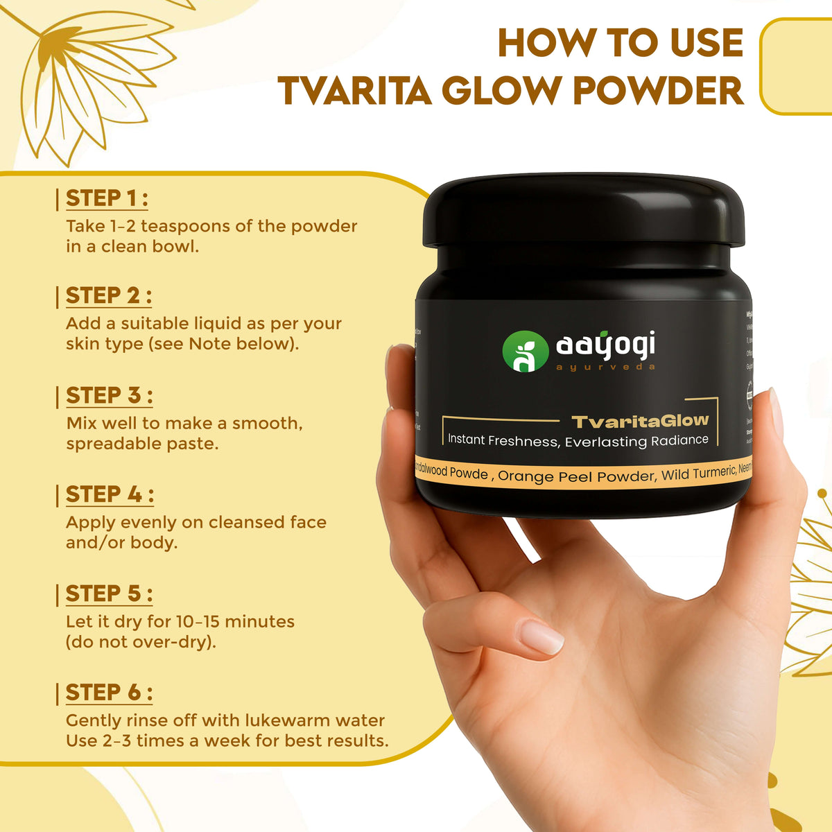 Tvarita Glow Powder by Aayogi Ayurveda with usage instructions for radiant skin.