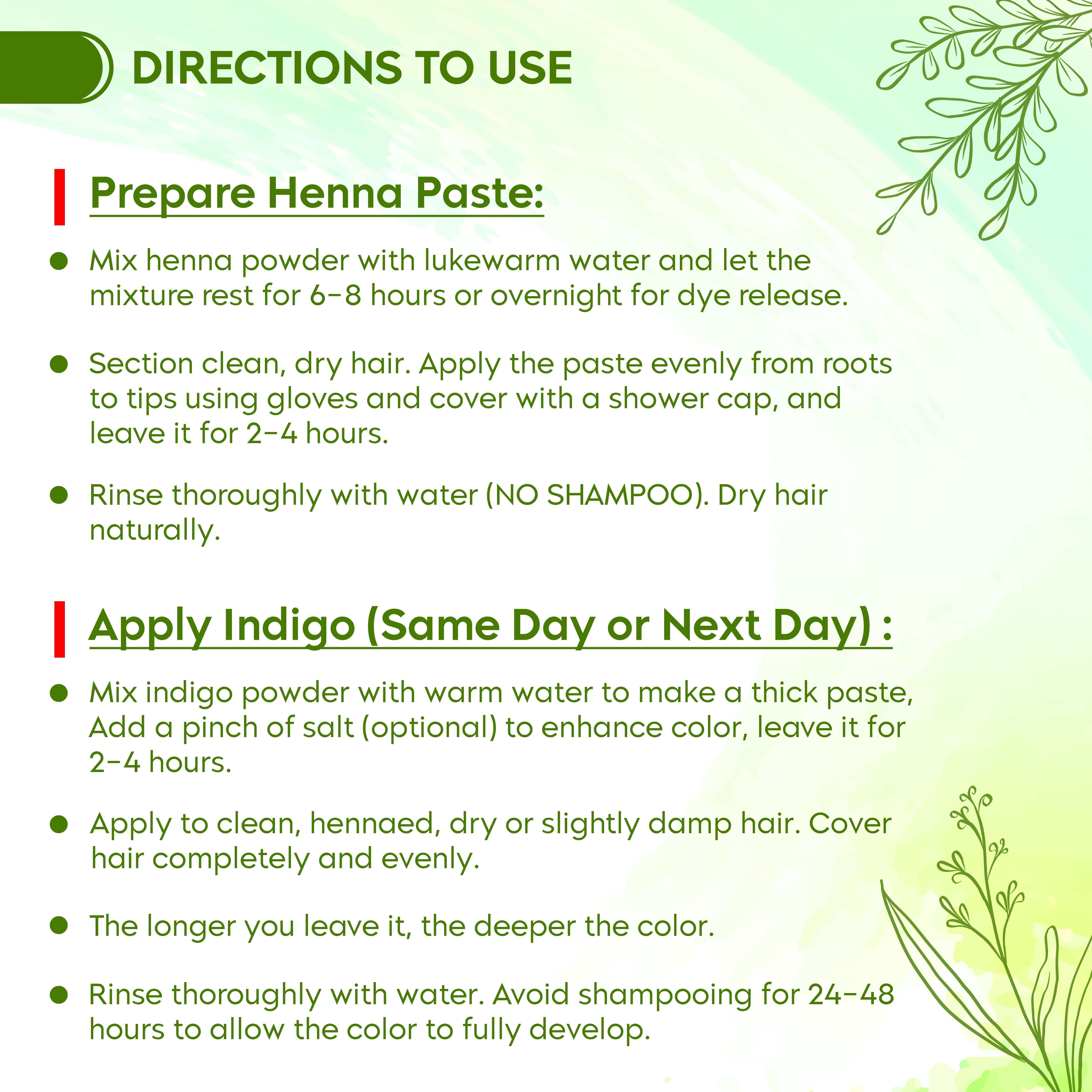 Instructions for using henna and indigo powder for hair dyeing.