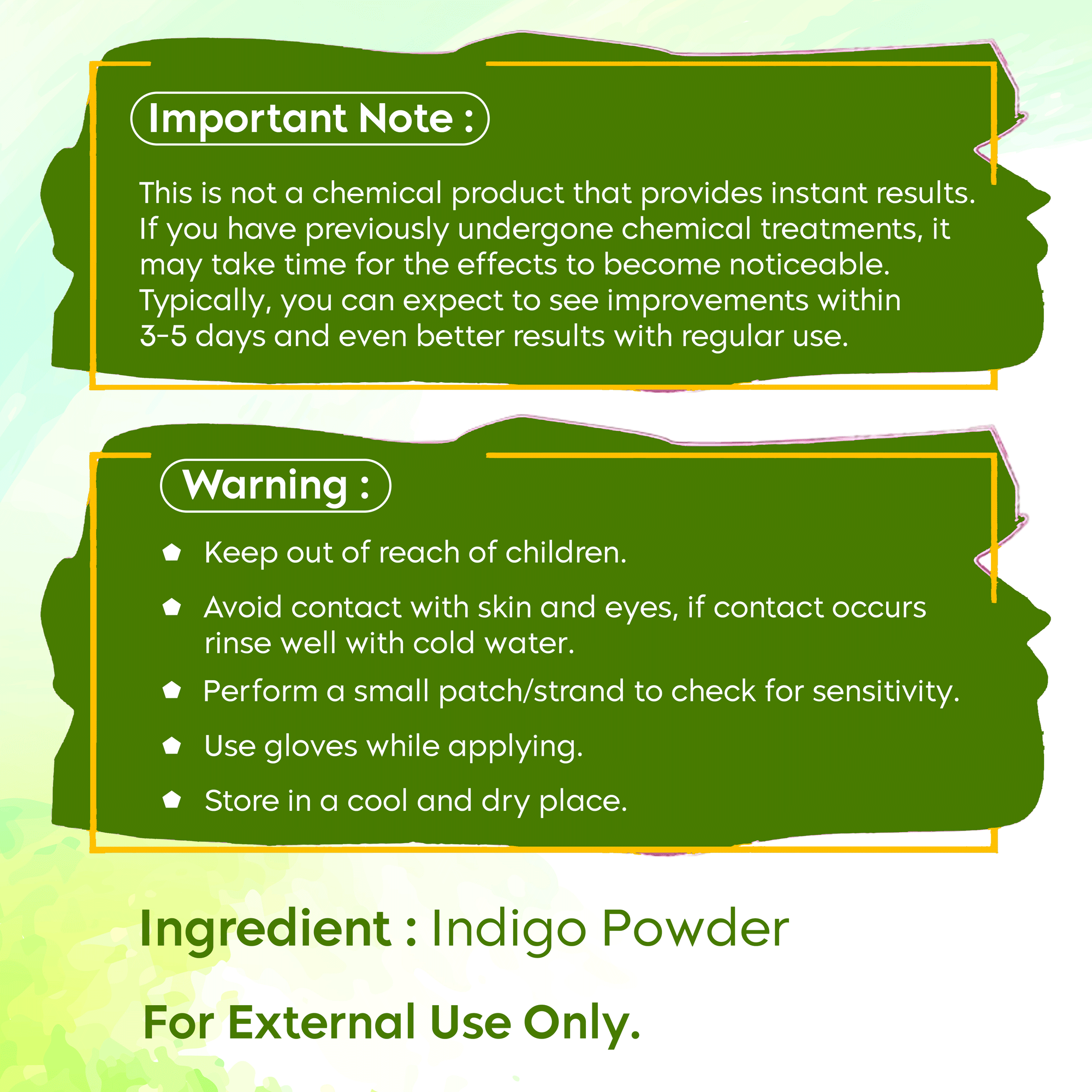 Important note and warning label for a product containing indigo powder.