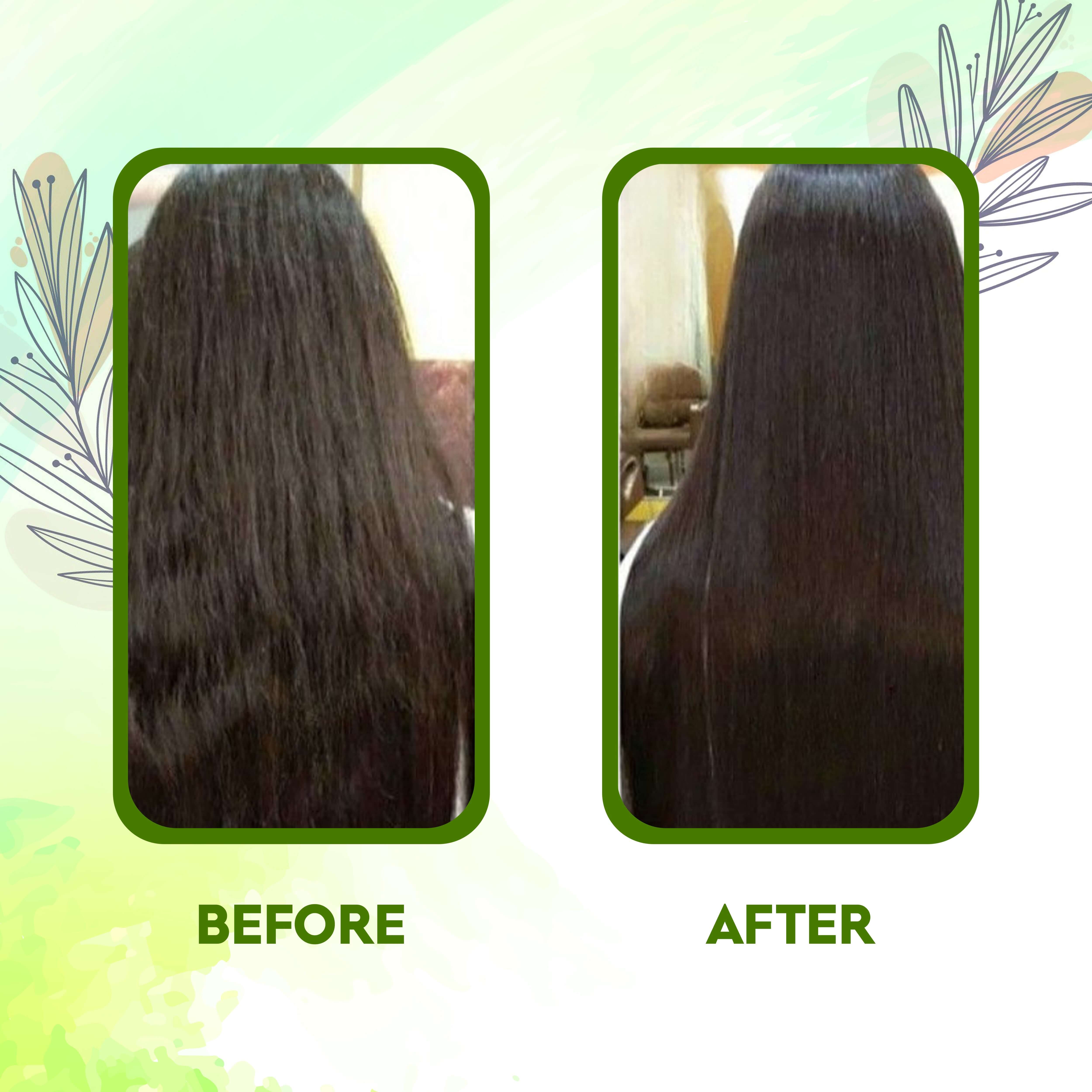 Indigo Leaves Powder hair dye before and after results showing transformation to shiny, silky black hair.
