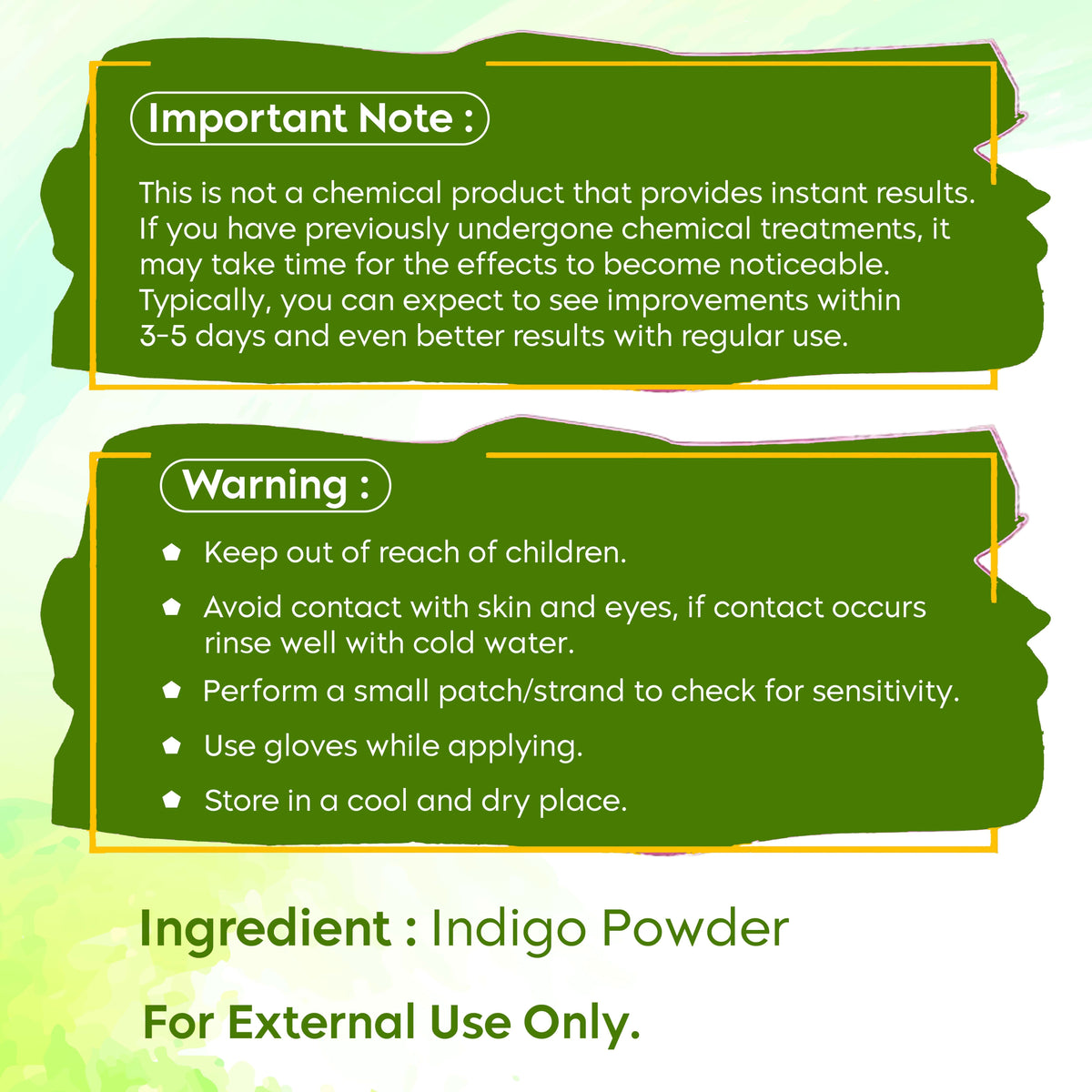 Indigo Leaves Powder safety instructions including external use only and precautions for sensitive skin.