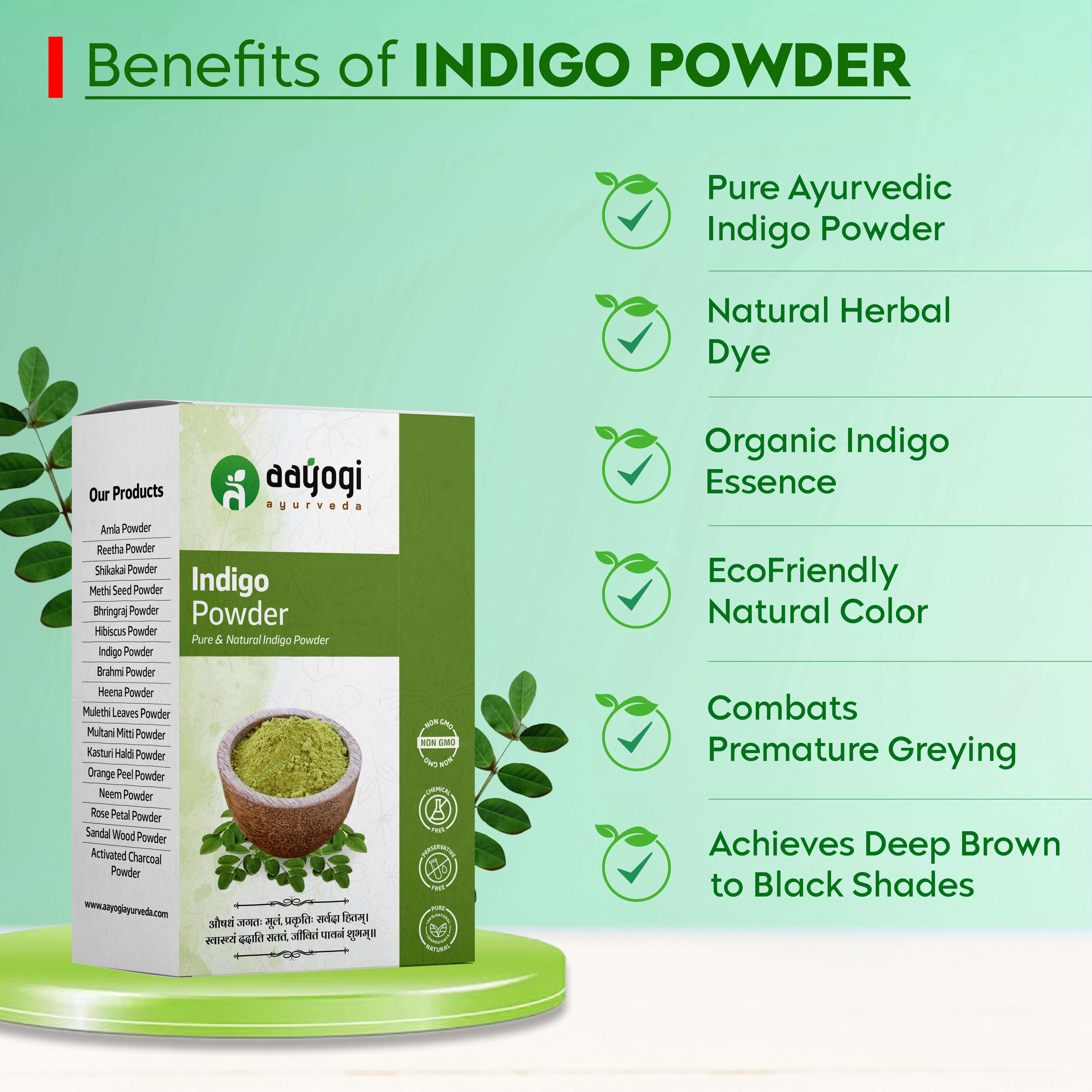 Indigo Powder Benefits: Pure Ayurvedic, Natural Herbal Dye, Organic Essence, EcoFriendly, Combats Greying, Achieves Deep Brown Shades.