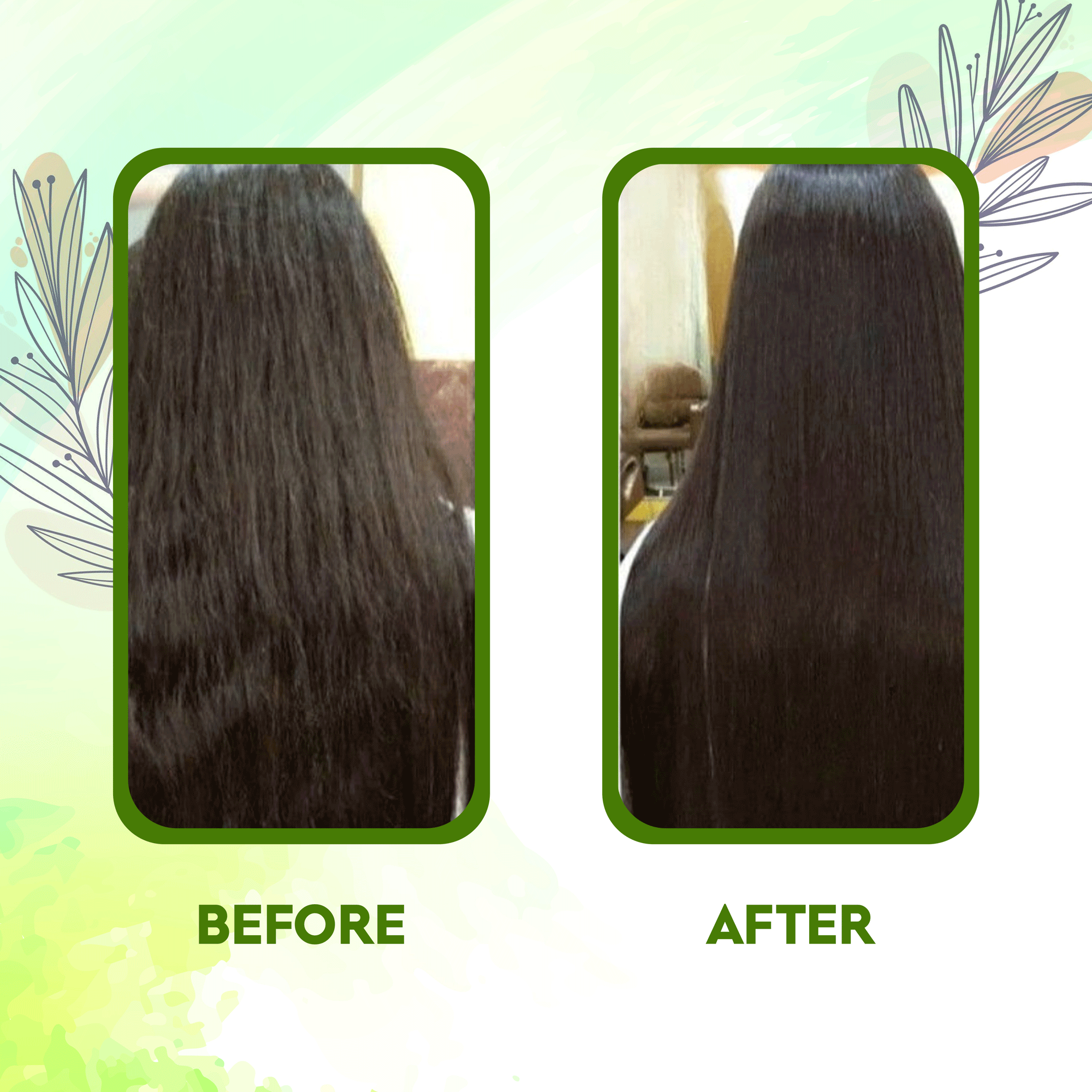 Before and after results using Aayogi Ayurveda's Indigo Powder showing deep black shiny hair transformation.