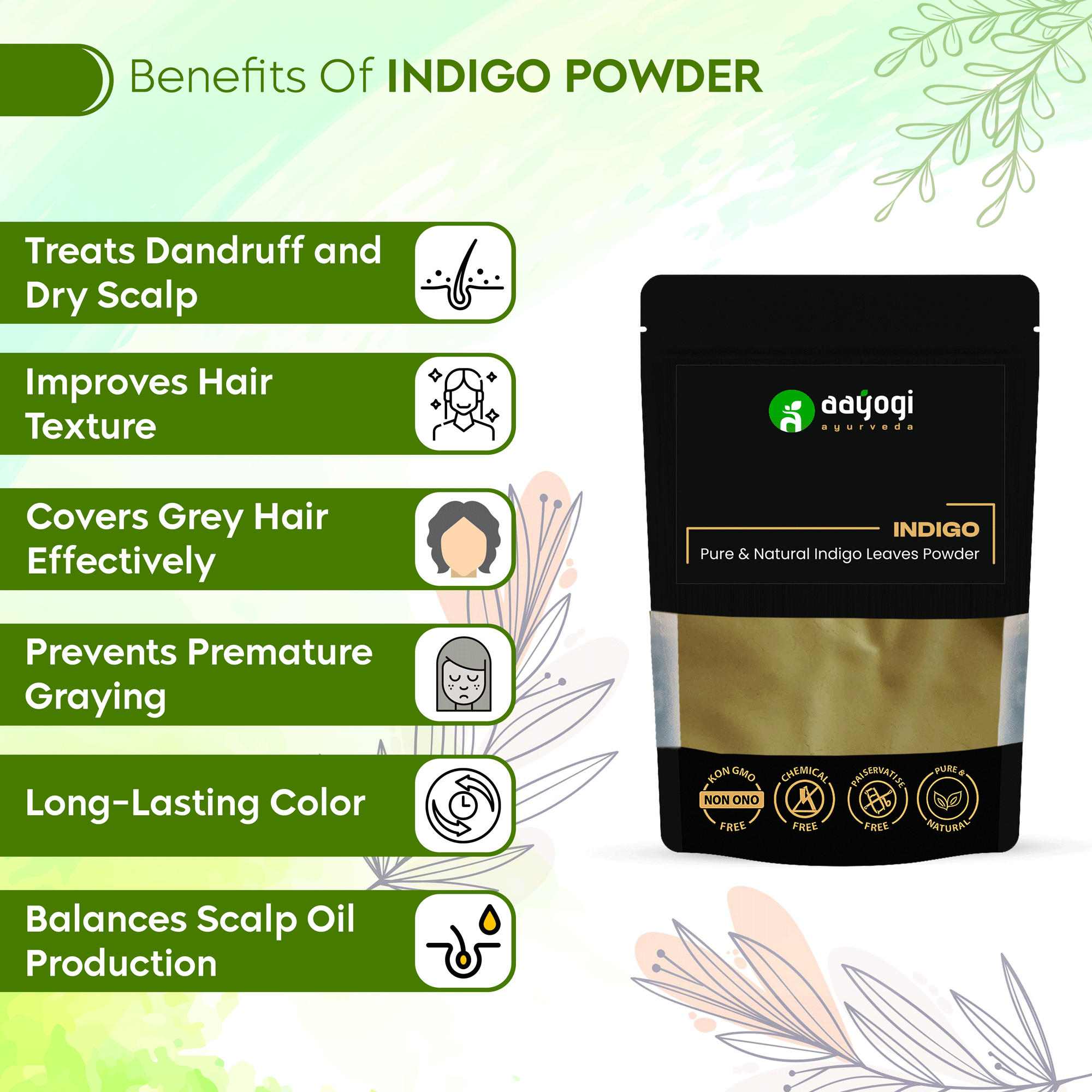 Indigo Powder Benefits Highlighted on Aayogi Ayurveda Product Package
