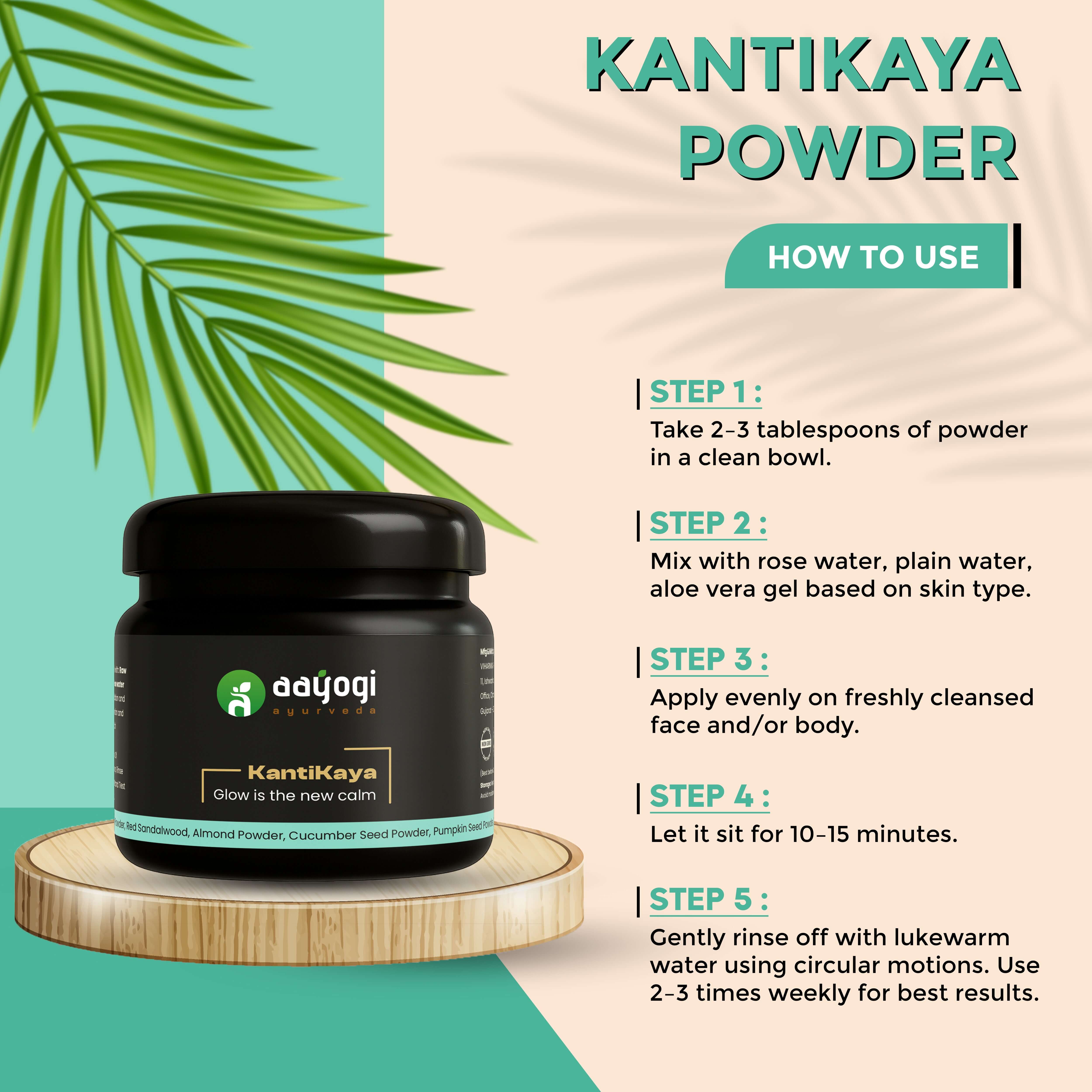 KantiKaya Face Brightening Powder by Aayogi Ayurveda with usage instructions on a green background.