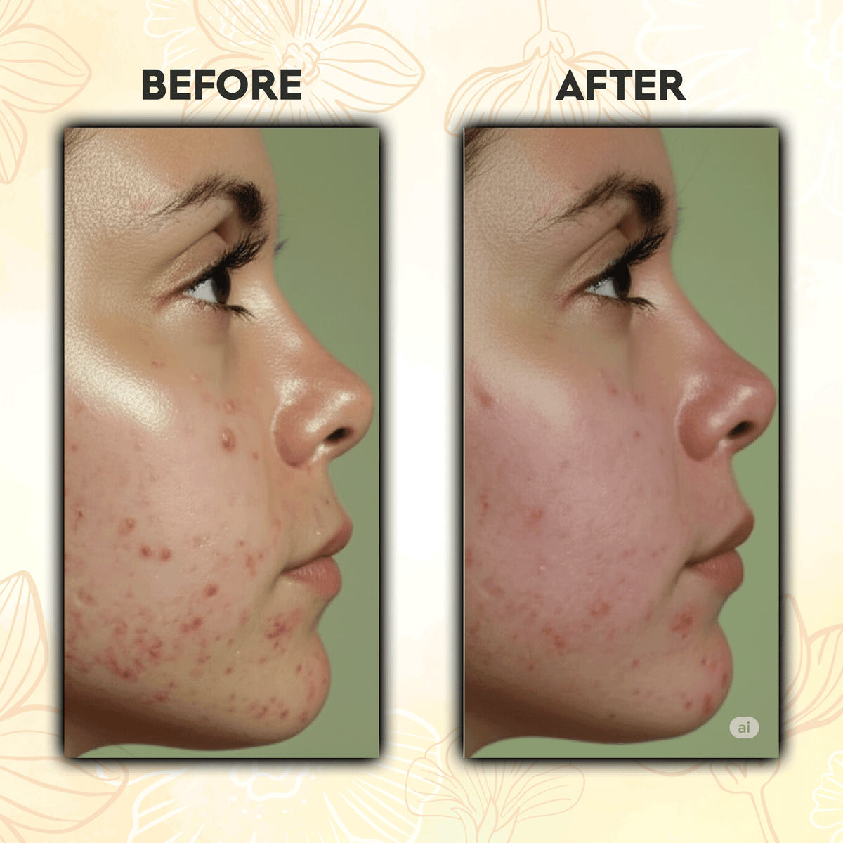 Kumkumadi Kasturi Haldi Face Powder before and after acne treatment results, showing clearer skin.