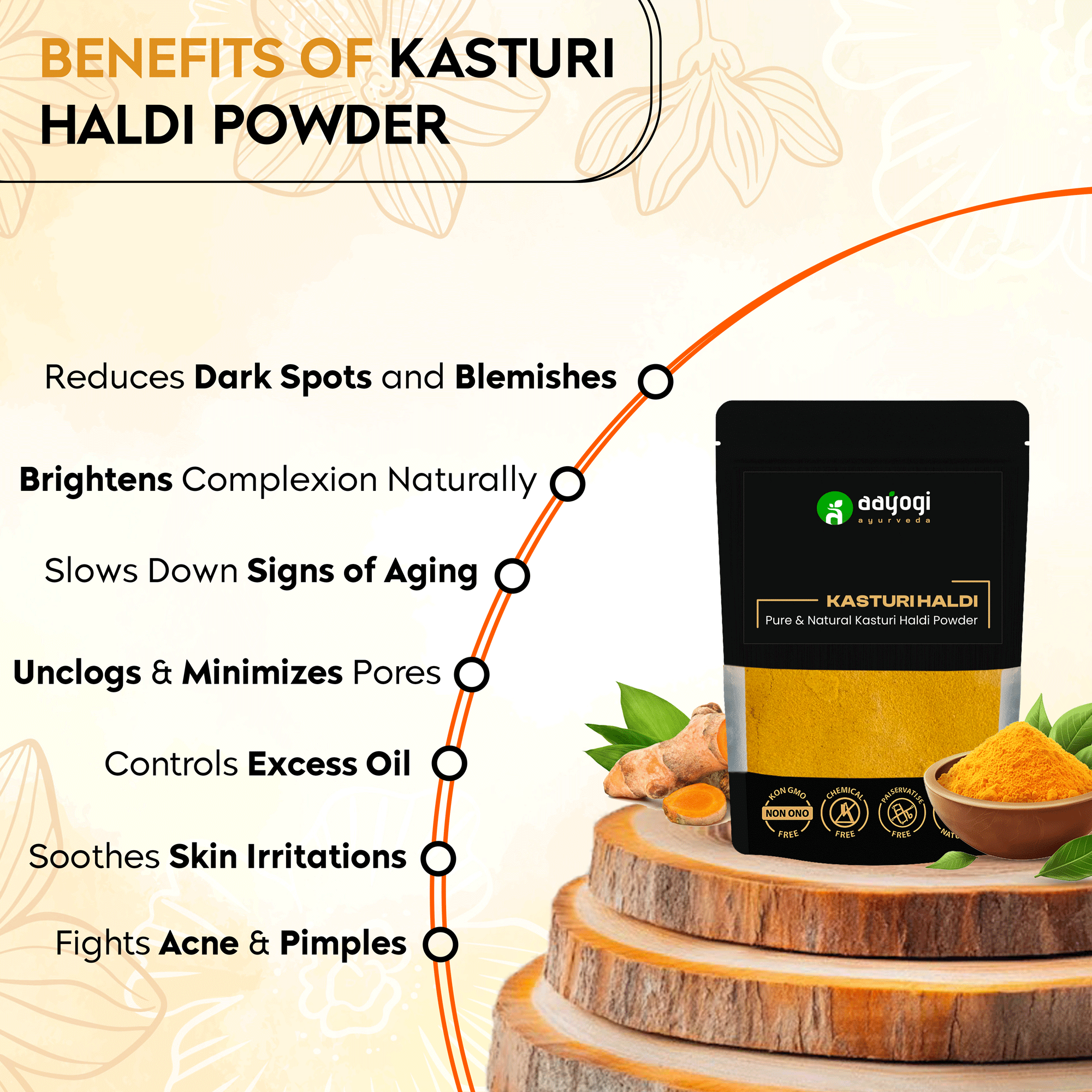Benefits of Aayogi Ayurveda Kasturi Haldi Powder for skin, including blemish reduction, brightening, anti-aging, acne control.