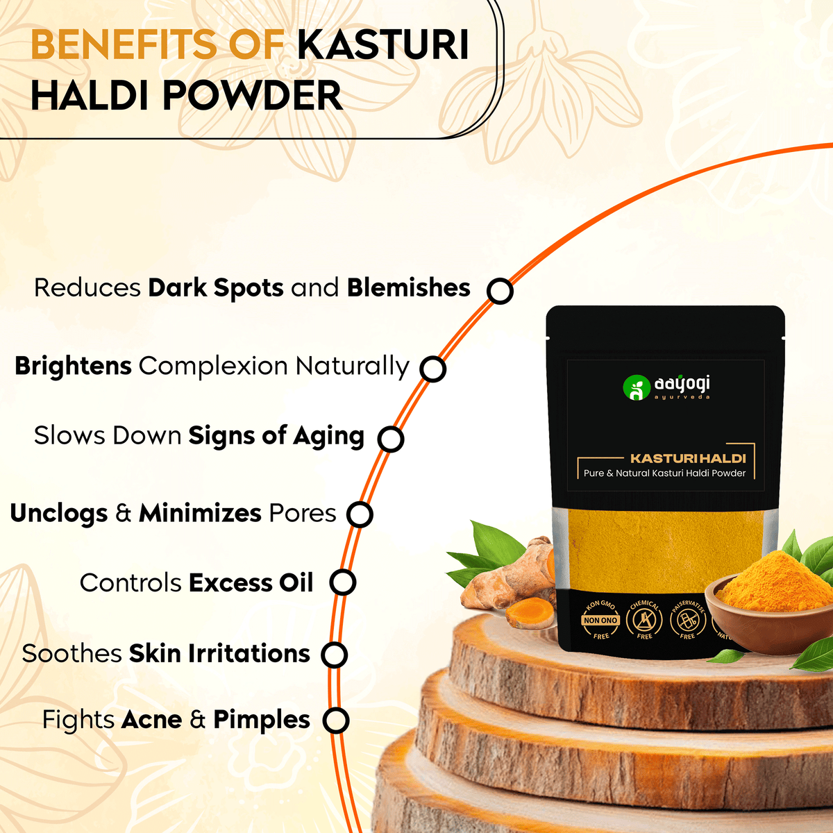 Benefits of Aayogi Ayurveda Kasturi Haldi Powder for skin, including blemish reduction, brightening, anti-aging, acne control.