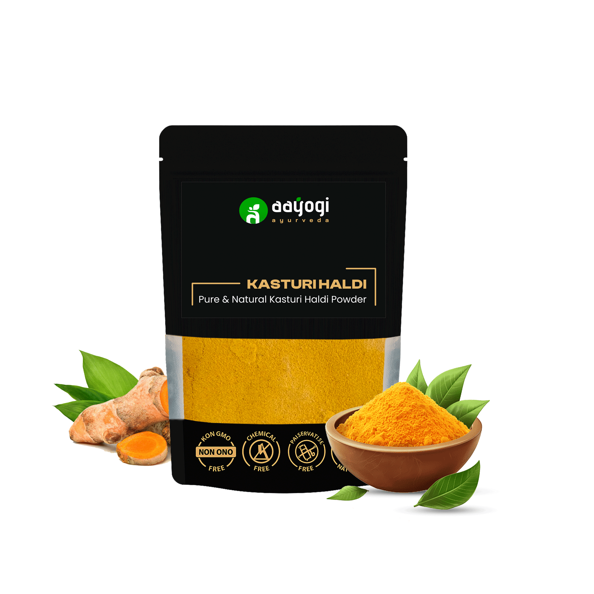 Aayogi Ayurveda Kasturi Haldi Powder, 100 gm, natural glow enhancer with turmeric roots and green leaves, in a black pouch.