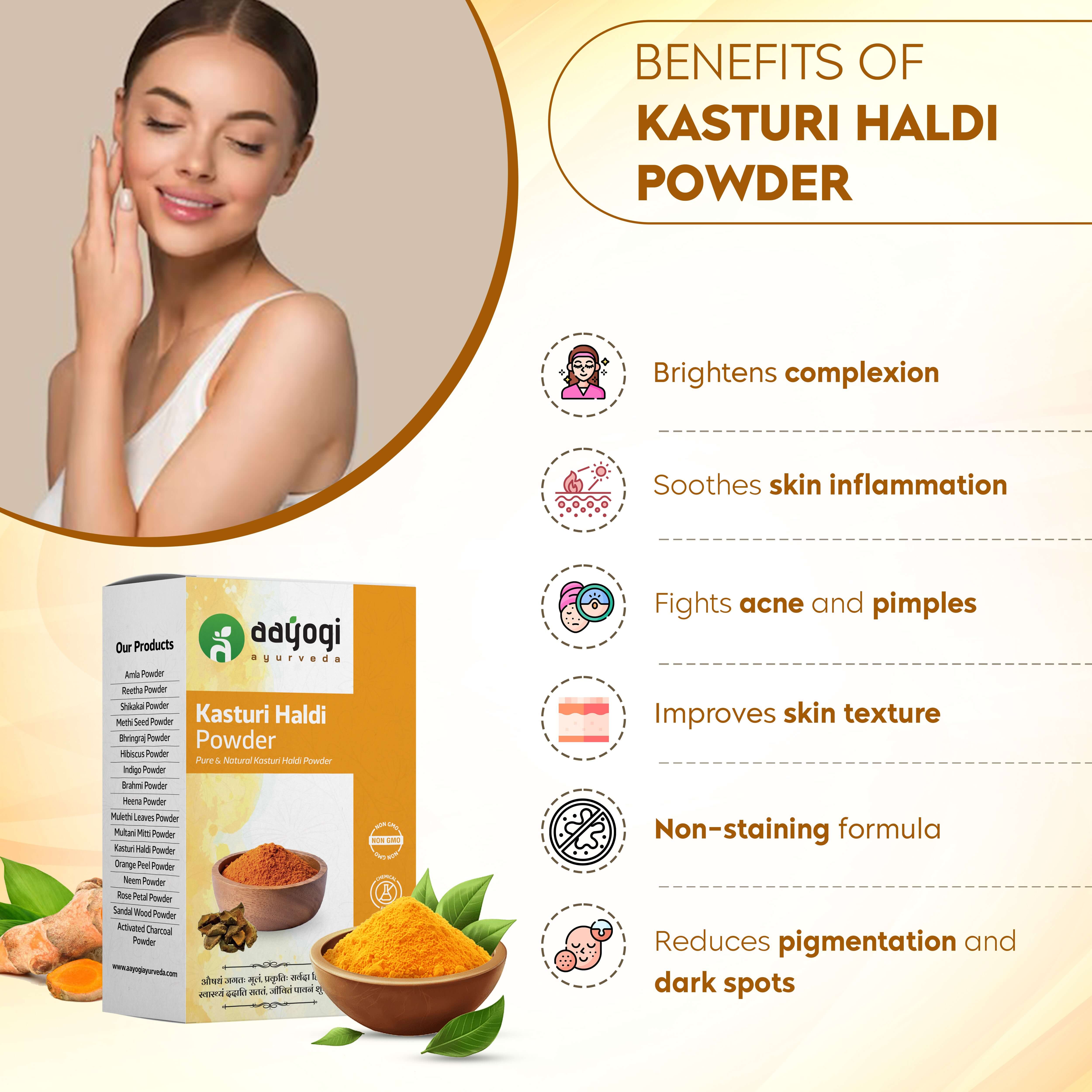 Kasturi Haldi Powder benefits infographic showing brightens complexion and reduces pigmentation with product packaging.