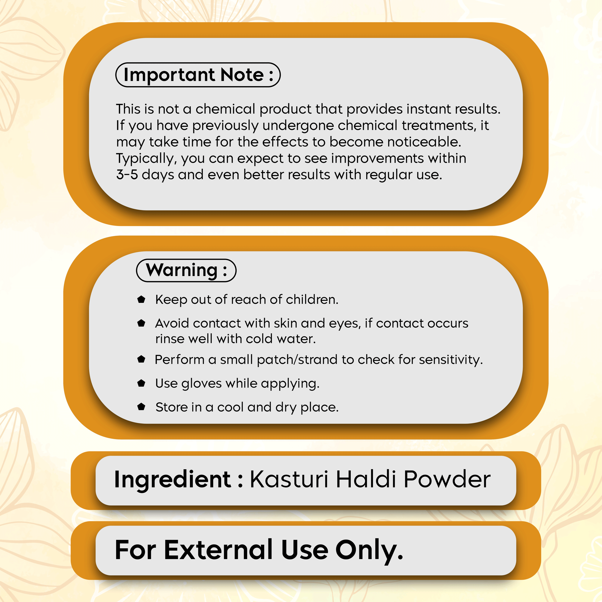 Warning and ingredient label for Kumkumadi-Boost Kasturi Haldi Face Powder detailing usage instructions and precautions.