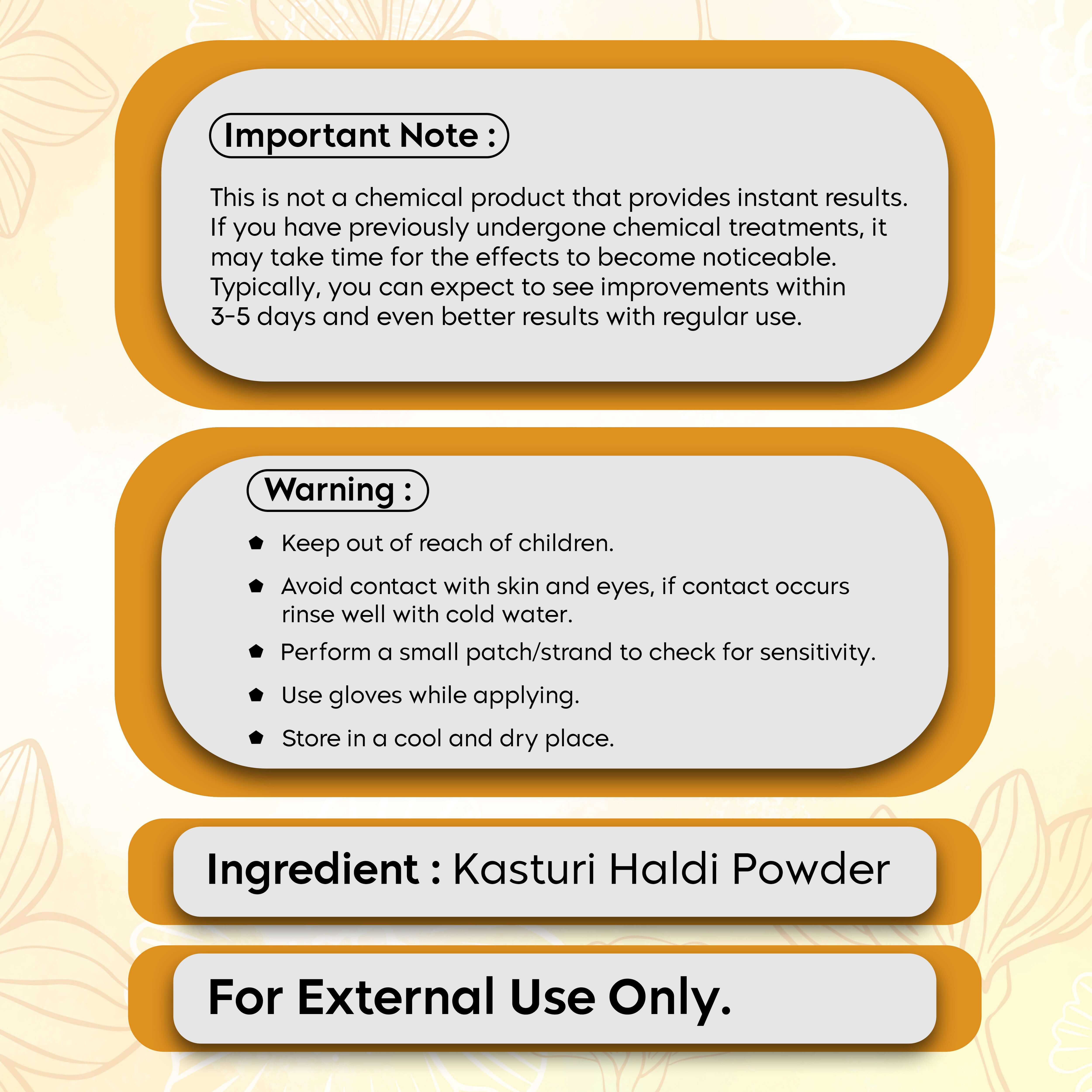 Golden Glow Kasturi Haldi Powder packaging with important notes and warnings for external use, highlighting cosmetic benefits of Kasturi turmeric.