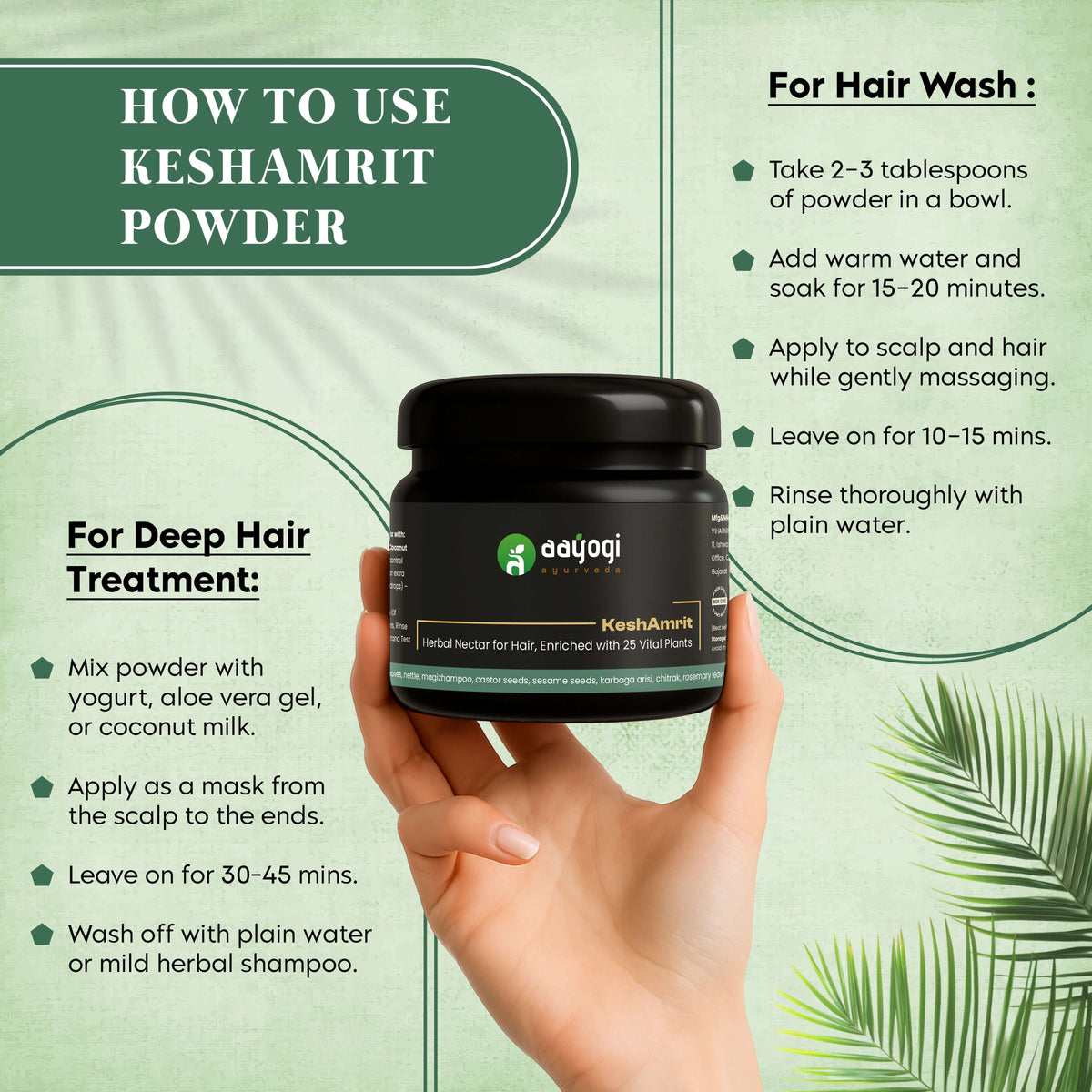 Person holding Keshamrit Herbal Hair Wash Powder by Aayogi Ayurveda with instructions for use in a green themed background.