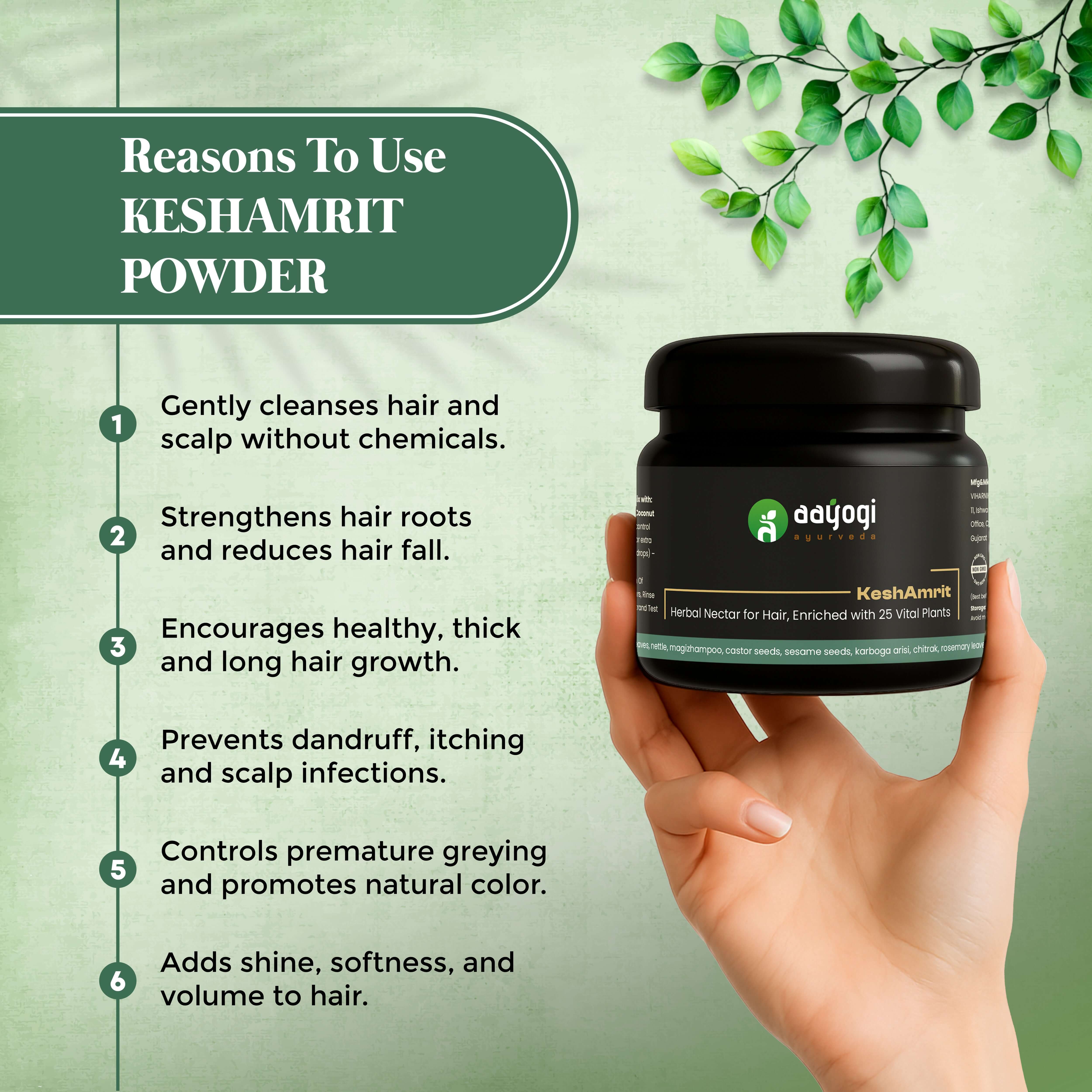 Aayogi Ayurveda Keshamrit Herbal Hair Wash Powder in hand, detailing benefits like dandruff control and hair strengthening.