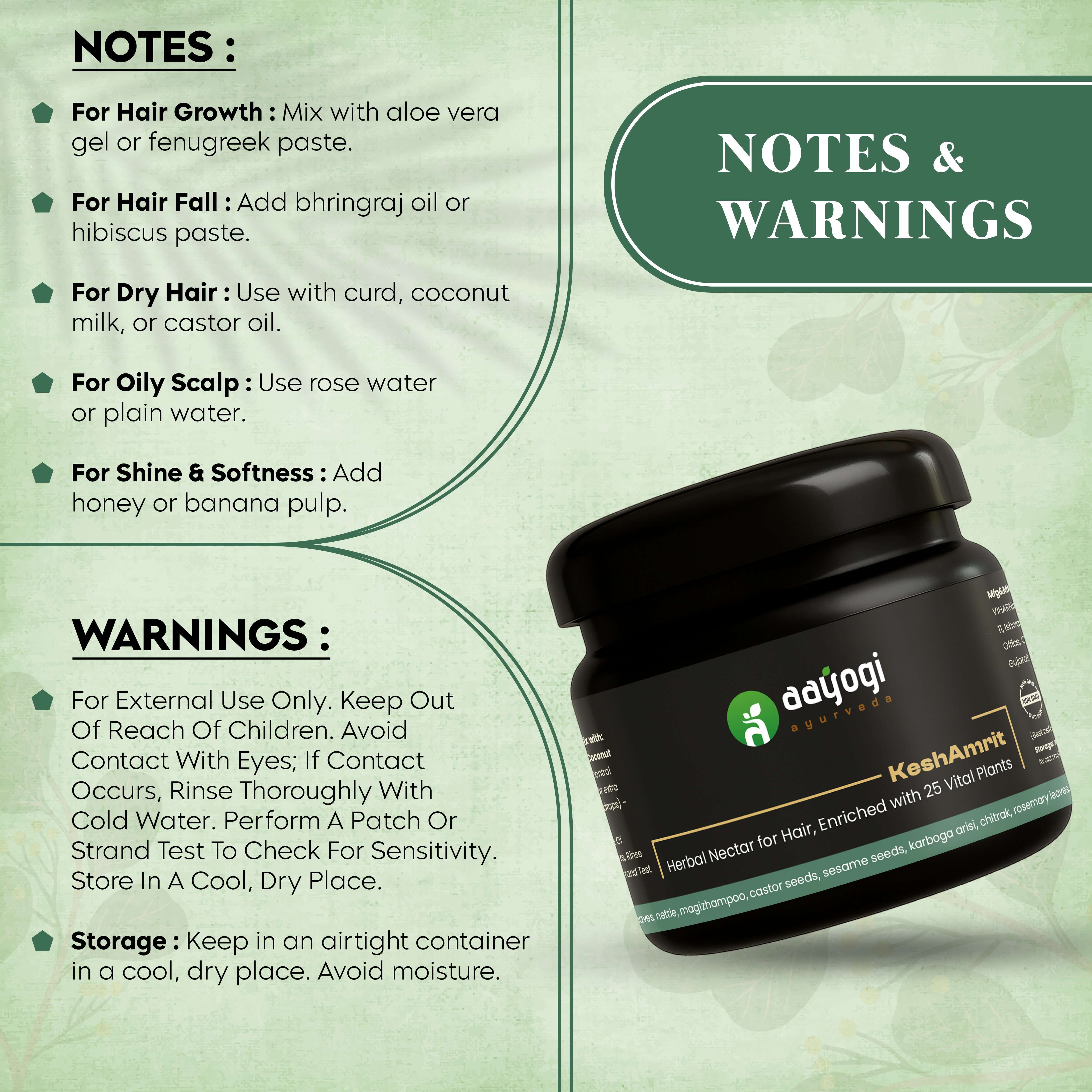 Keshamrit Herbal Hair Wash Powder with notes and warnings about usage, storage, and external application.
