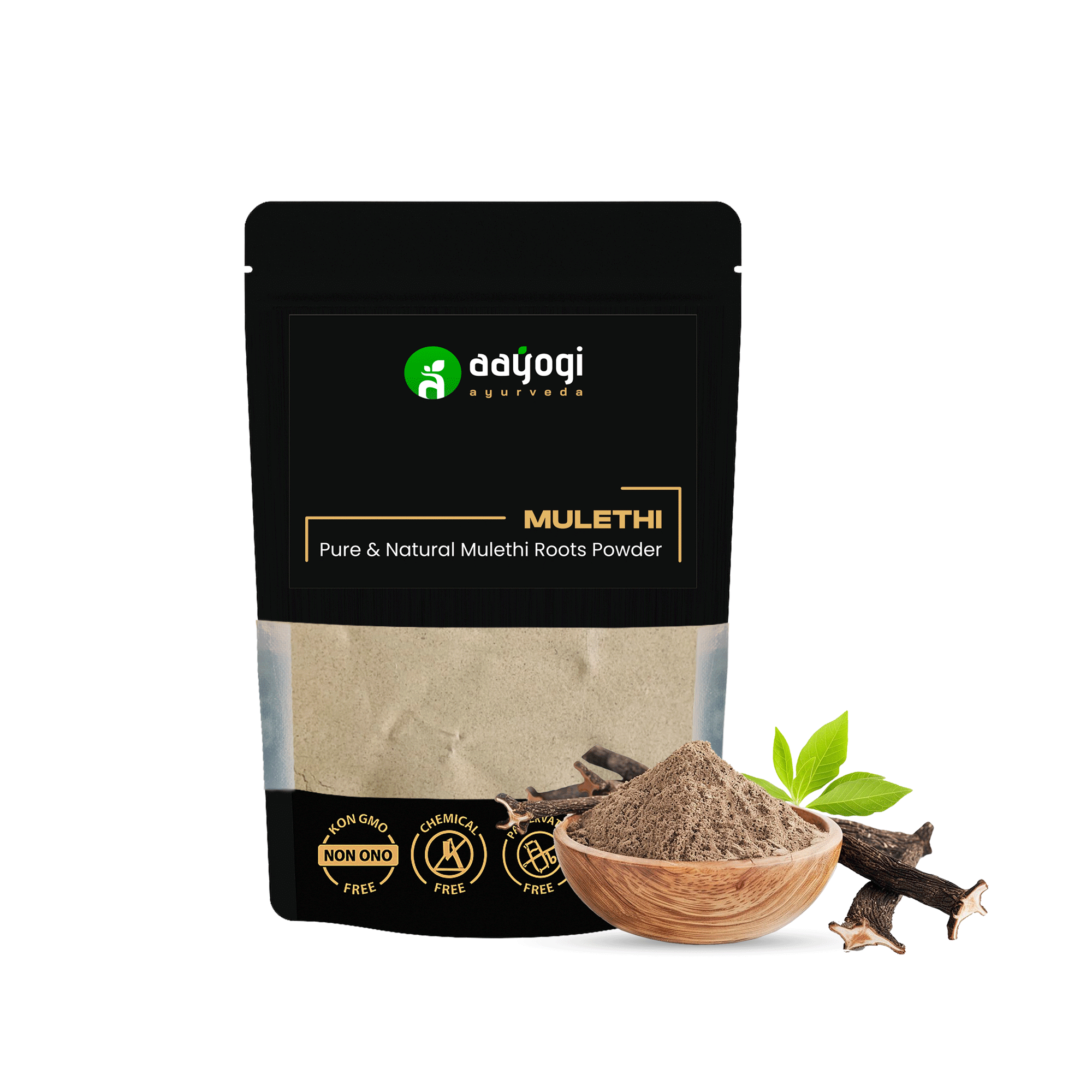 Aayogi Ayurveda Licorice-Mulethi Roots Powder for clear skin and stronger hair, 100gm, with natural Mulethi roots in a bowl.