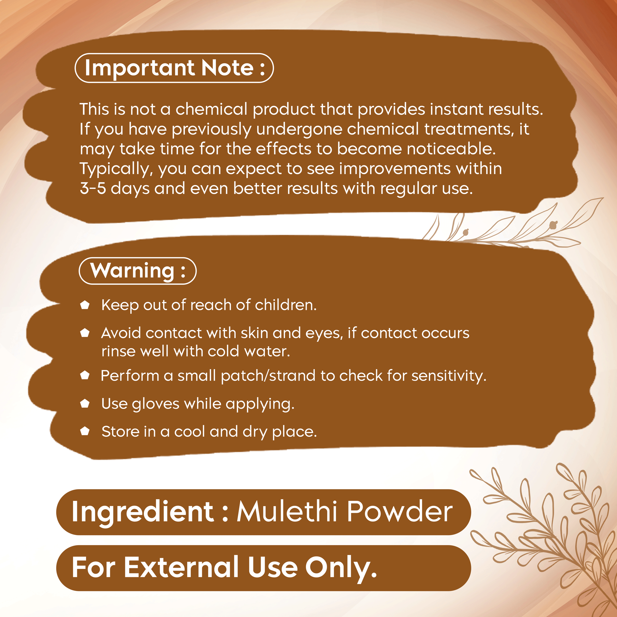 Licorice-Mulethi Powder packaging with usage warnings and ingredient information.