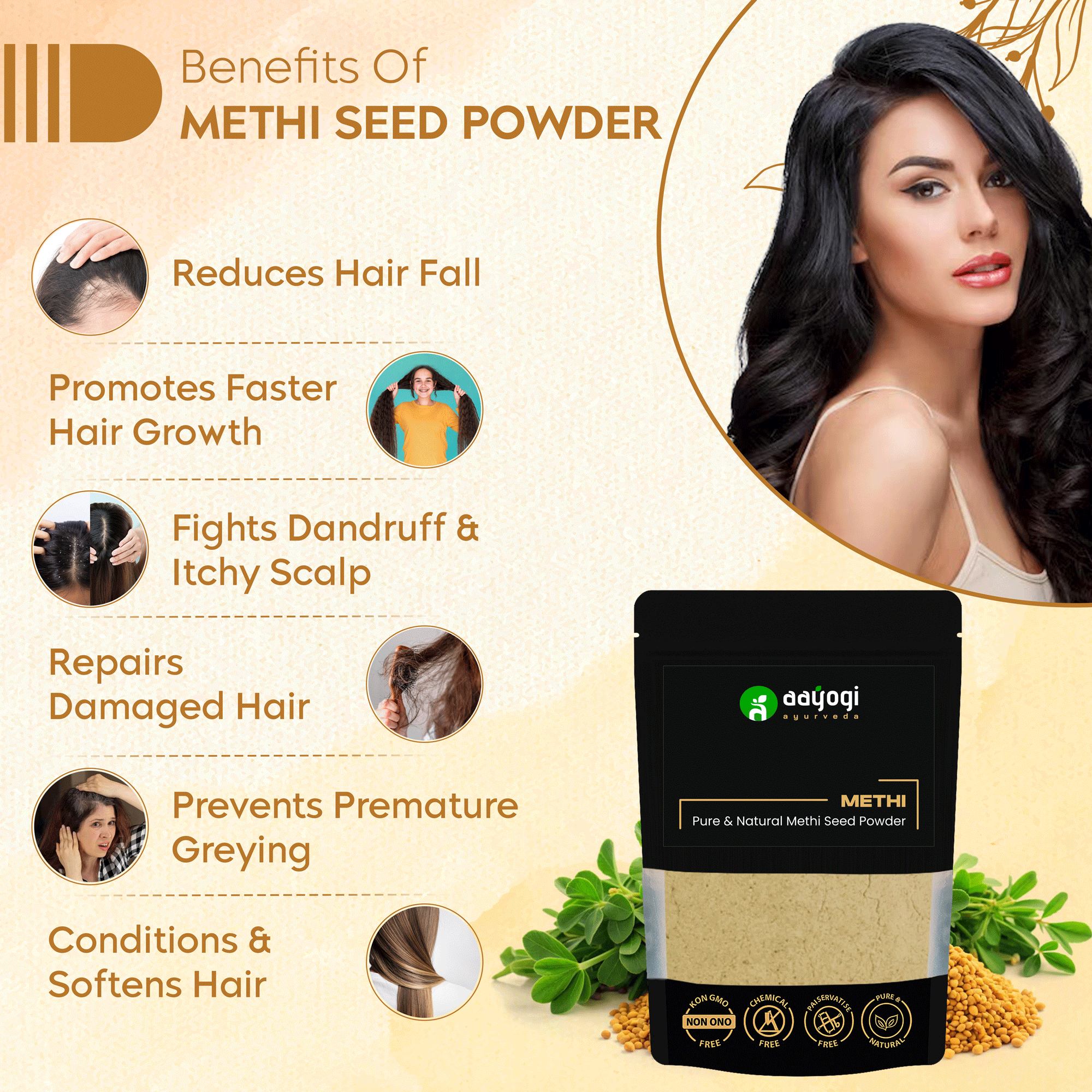 Benefits of Methi Seed Powder for hair, including reduction of hair fall, promotion of growth, dandruff control, and grey hair prevention.