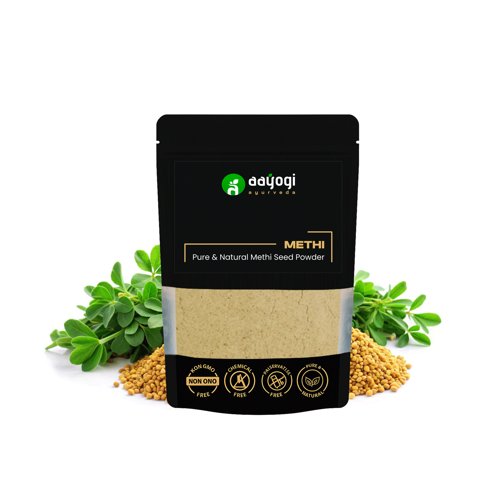 100 gm pouch of Aayogi Ayurveda Methi Seeds Powder for hair growth support, with fenugreek seeds and leaves, non-GMO and chemical-free