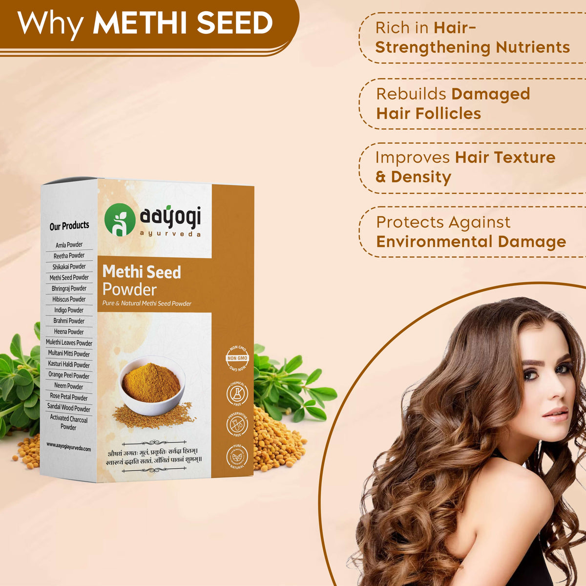 Adyogi Methi Seed Powder packaging with illustrated benefits for hair strength, improved texture, follicle repair, and environmental protection.