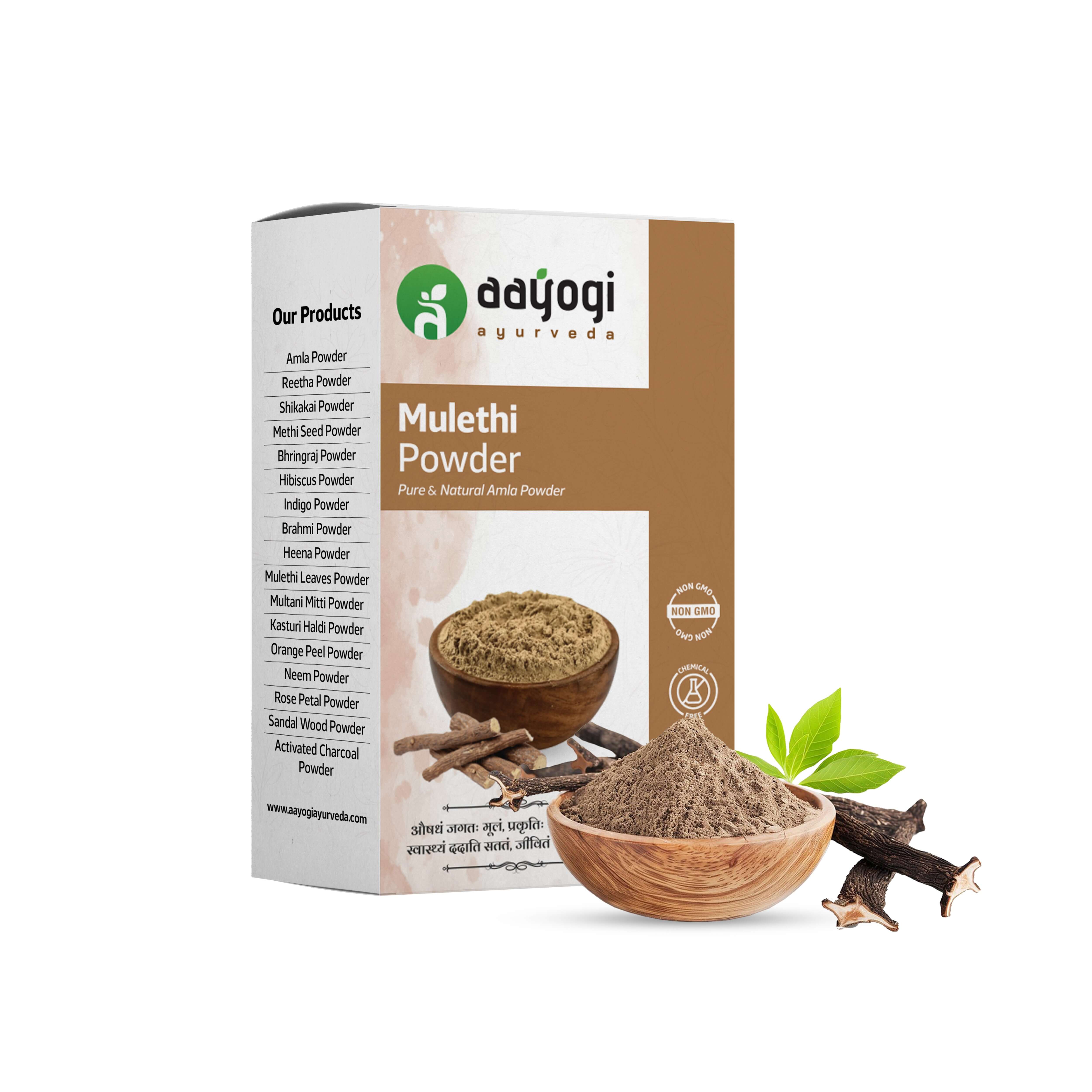 Box and bowl of Aayogi Ayurveda Mulethi Roots Powder for hair and skin care