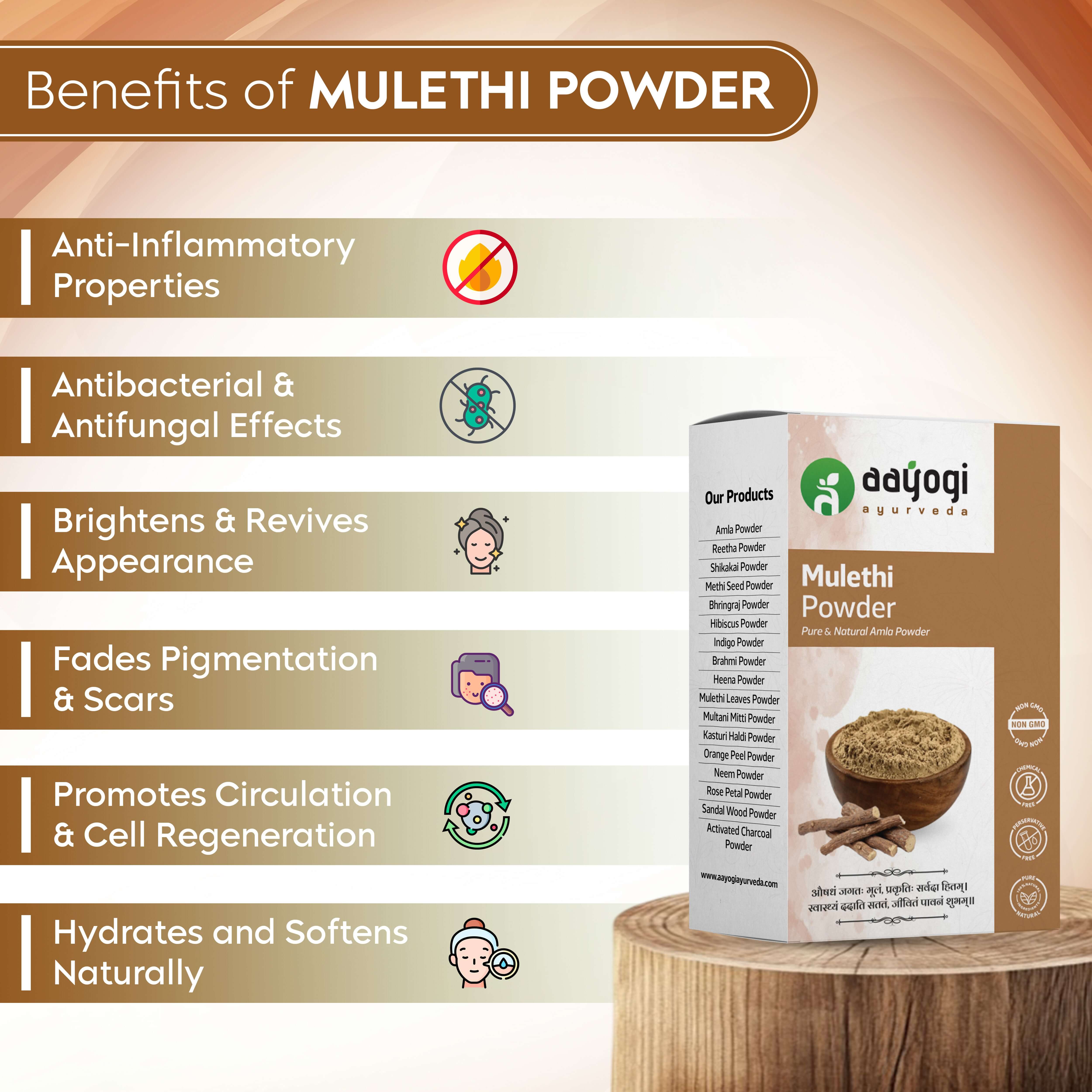Mulethi Powder benefits chart with Aayogi Ayurveda packaging for healthy hair and glowing skin