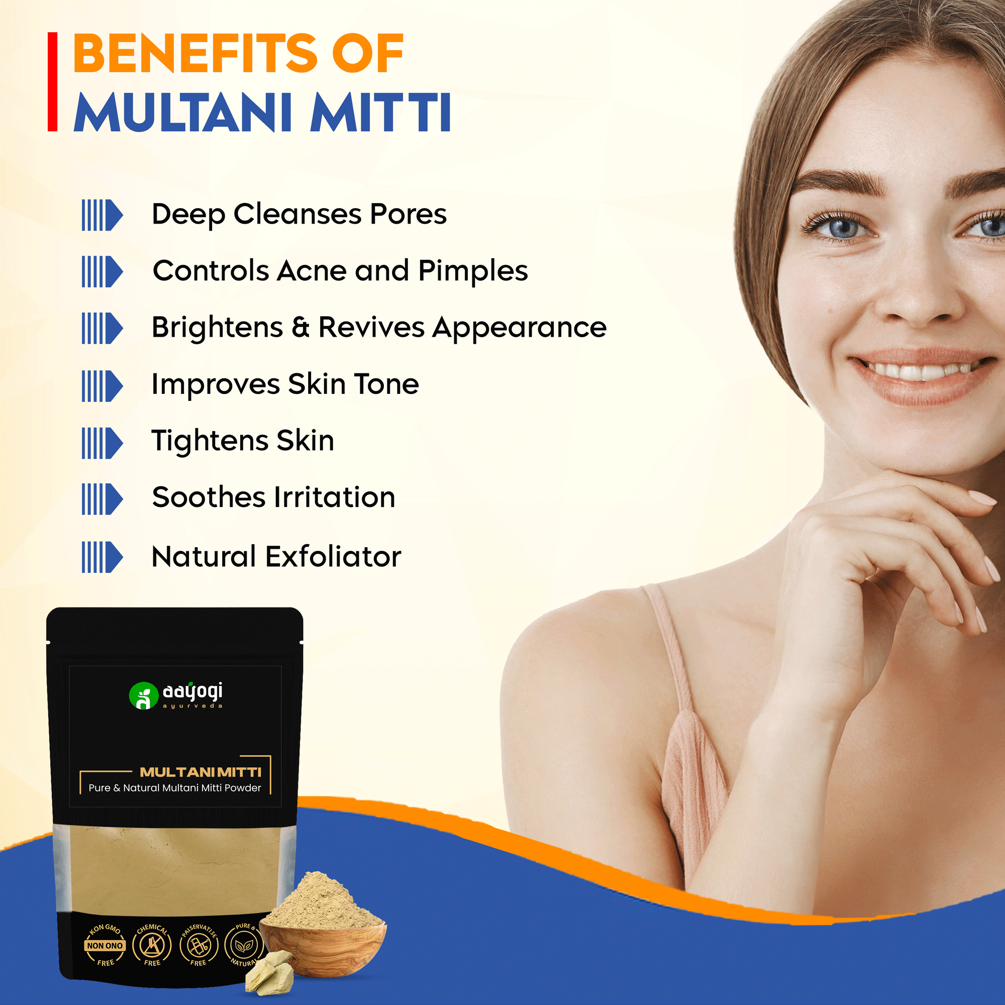Multani Mitti benefits for skin care with Aayogi Ayurveda package and smiling woman.