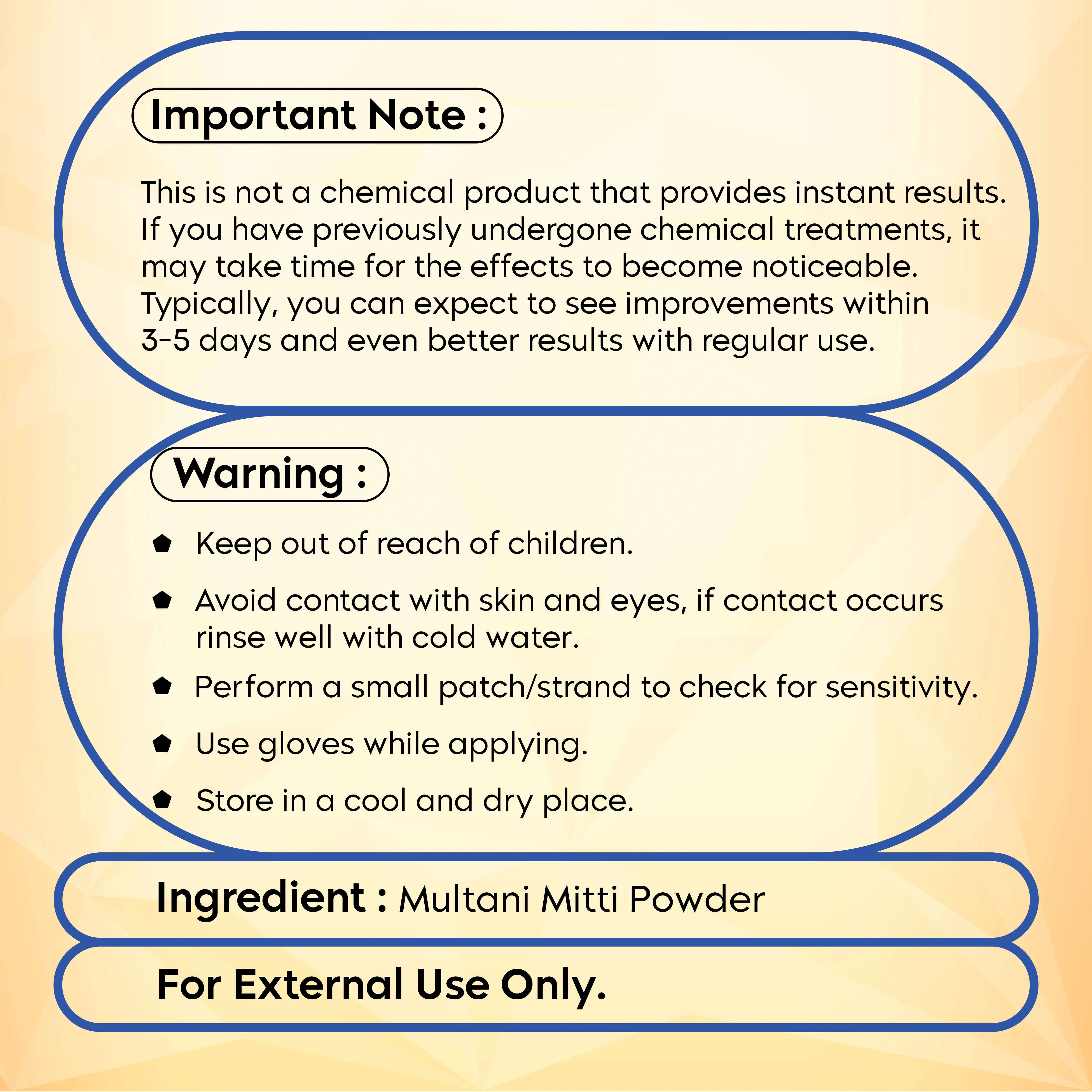 Instructions and warnings for Multani Mitti Powder usage, including safety tips and ingredient list.