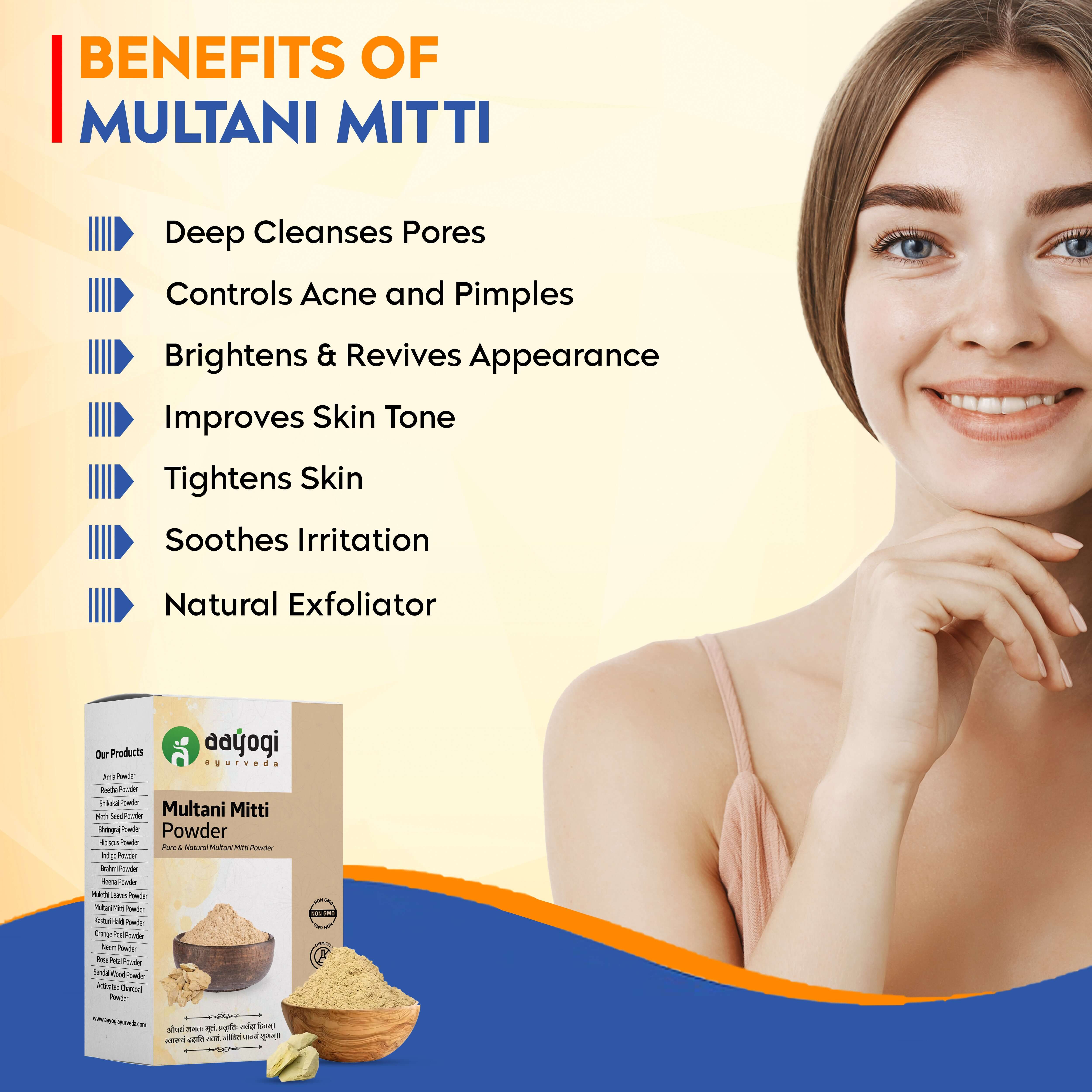 Aayogi Ayurveda Multani Mitti Powder box with benefits list for skin and hair, natural clay for glowing skin and healthy hair care.