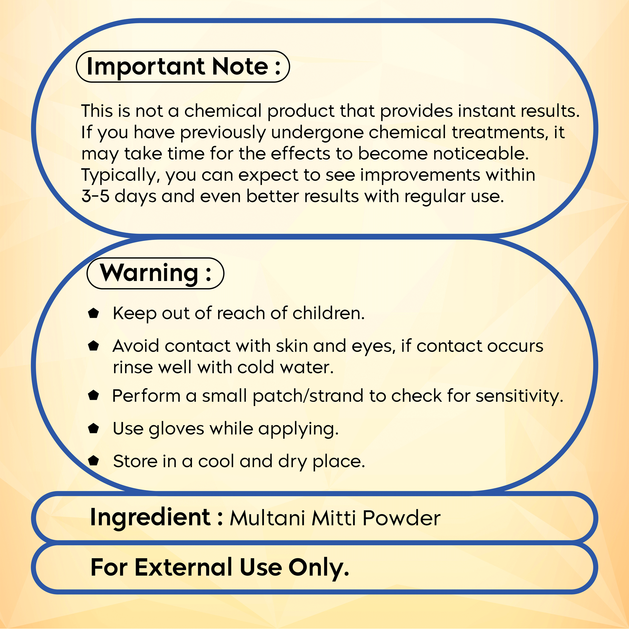 Multani Mitti Powder usage and safety information with warnings and storage instructions.