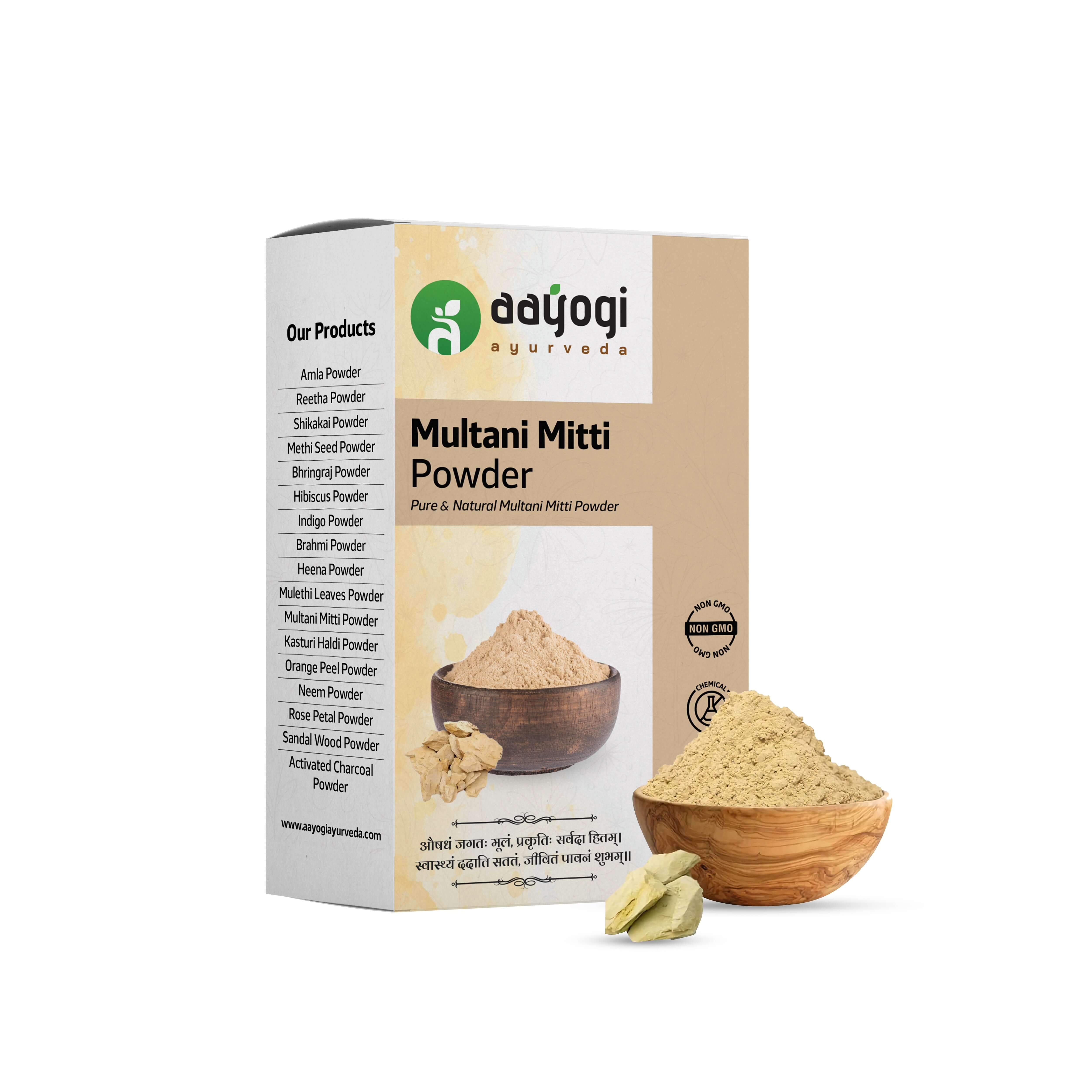 Aayogi Ayurveda Multani Mitti Powder, natural face and hair care product packaging with clay in wooden bowl.
