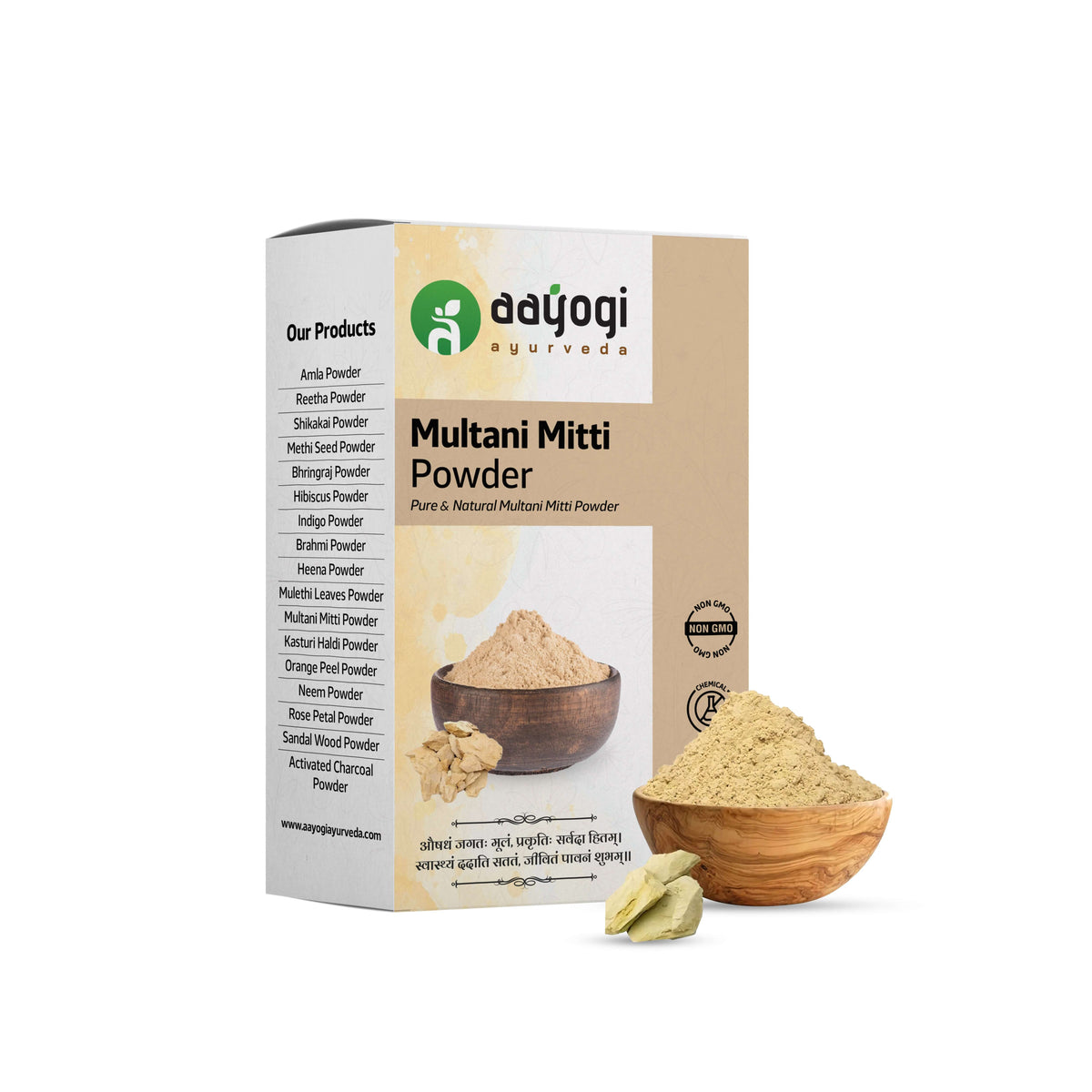 Aayogi Ayurveda Multani Mitti Powder, natural face and hair care product packaging with clay in wooden bowl.
