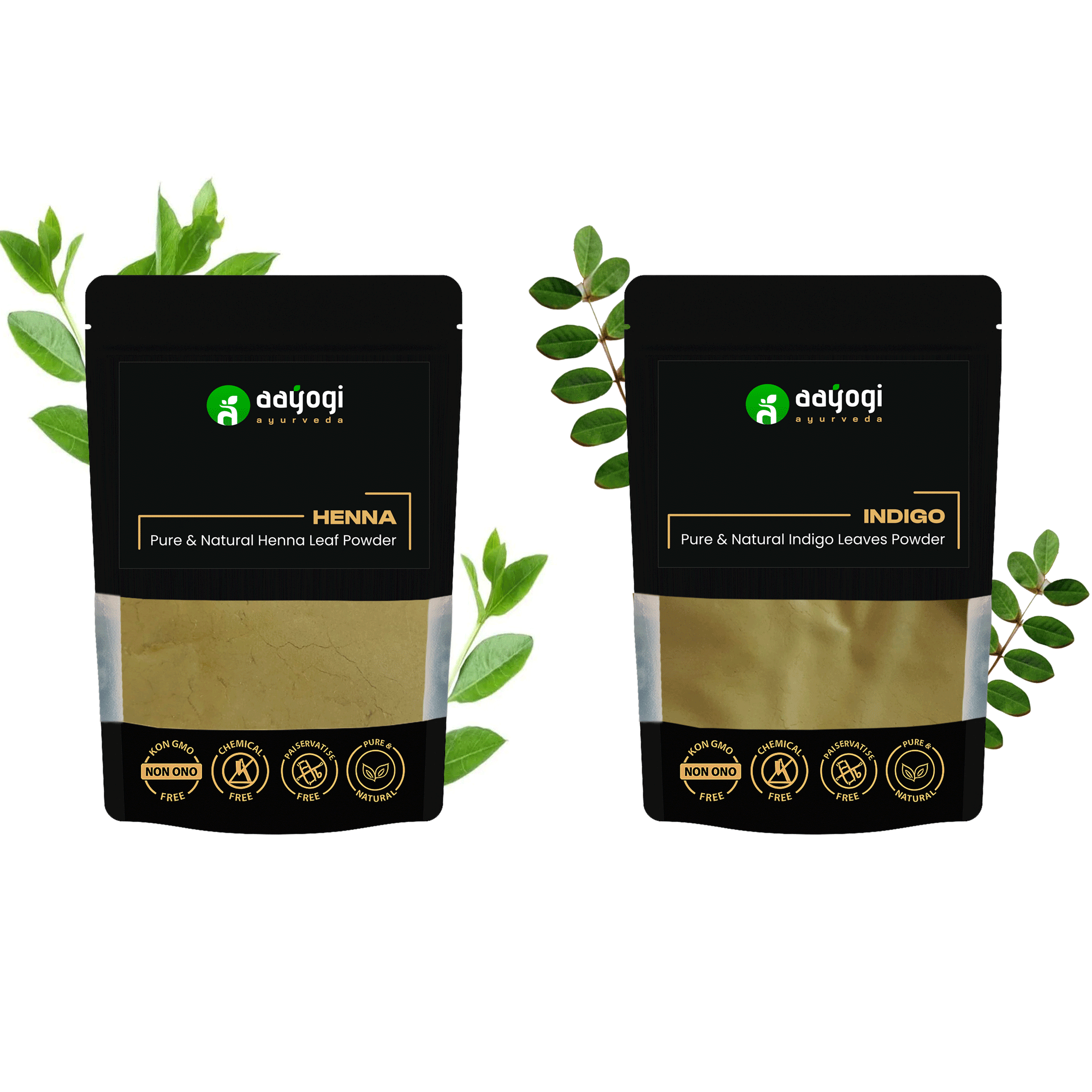 Aayogi Ayurveda Natural Hair Color Duo with Henna and Indigo powders in black pouches with green leaves, 100 gm each.