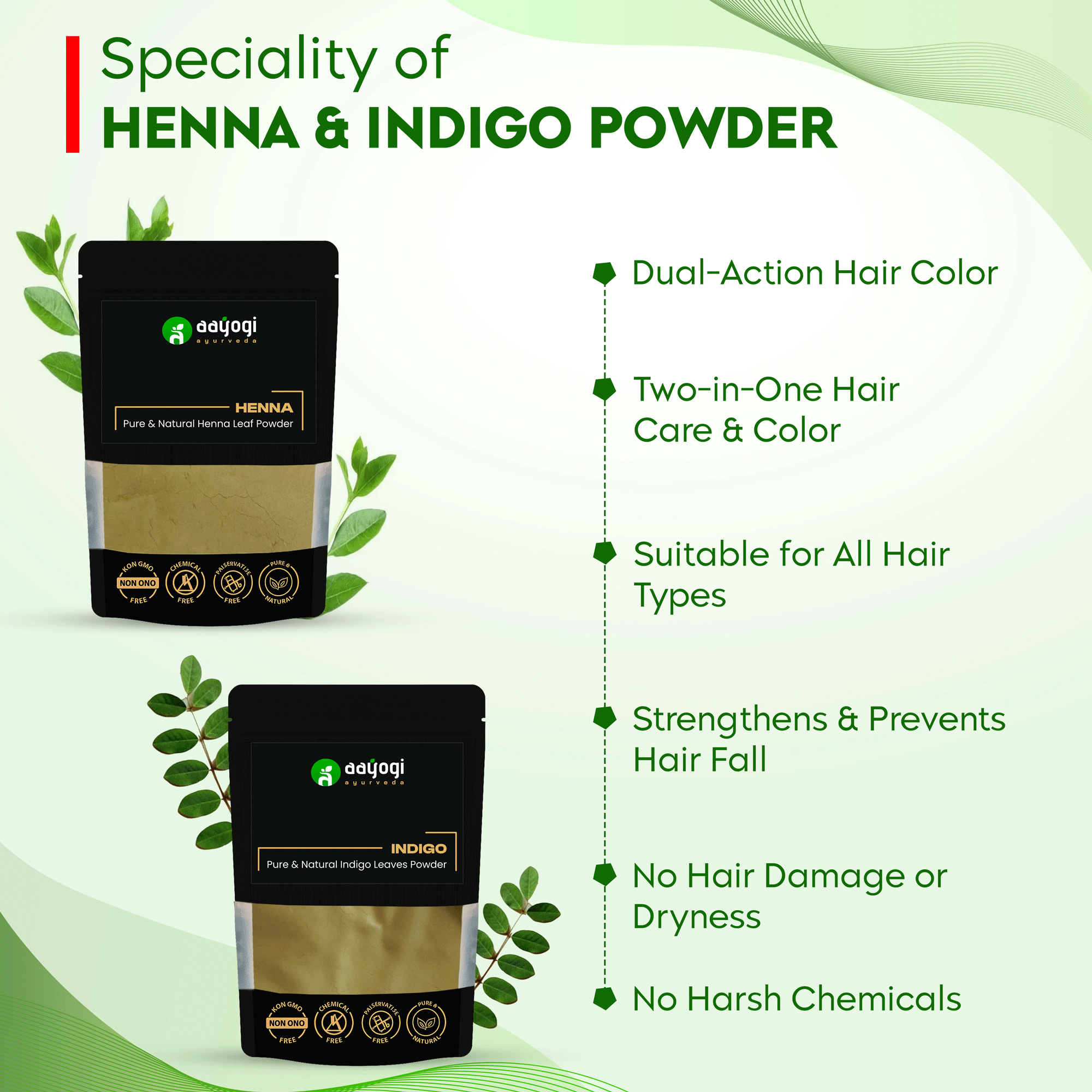 Aayogi Ayurveda Natural Hair Color Duo Henna & Indigo Power: Pure Herbal Hair Care, Dual-Action, Chemical-Free, 100 gm pouches.