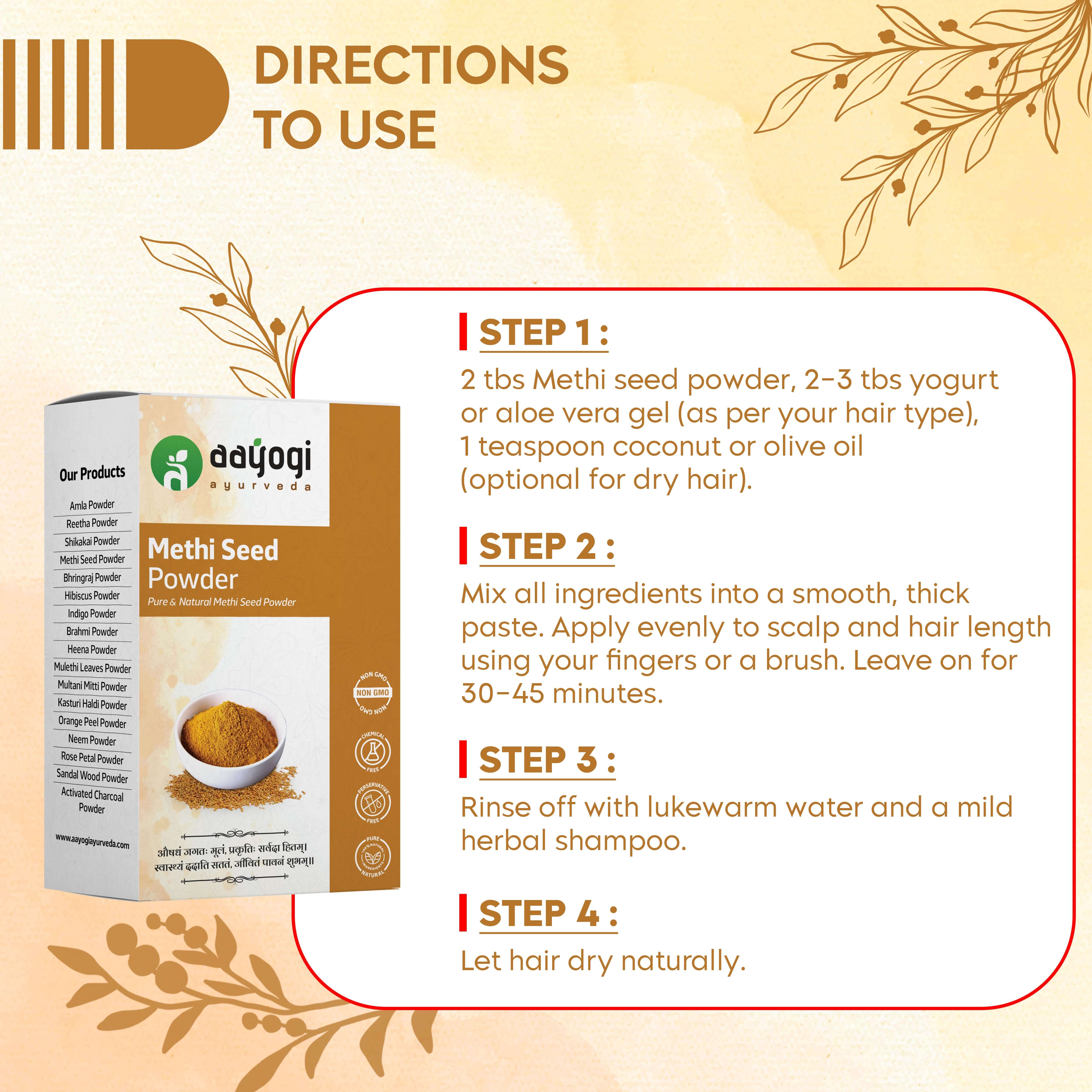 Aayogi Ayurveda Methi Seed Powder with usage directions for hair care, highlighting preparation steps for promoting healthy hair.