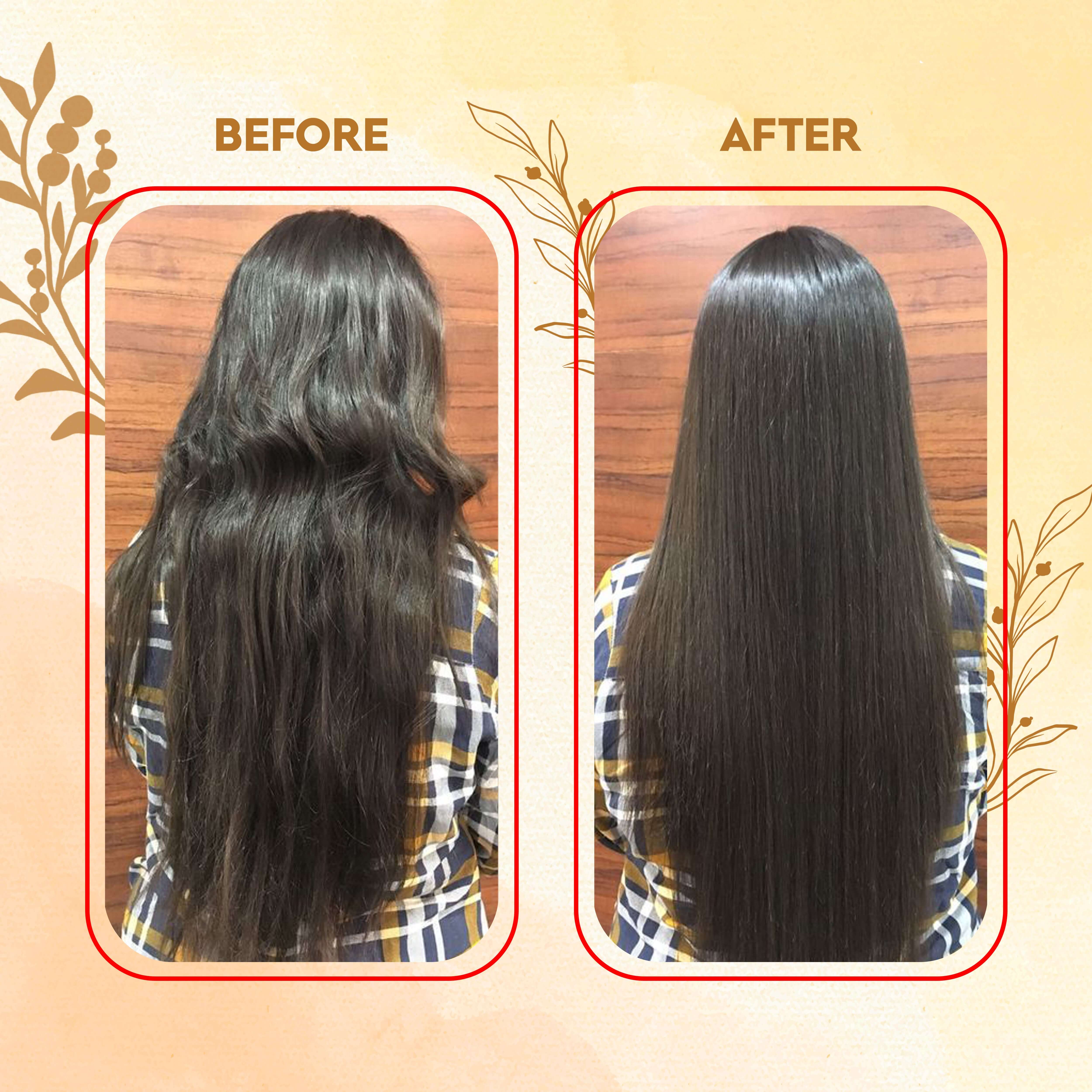 Before and after using Aayogi Ayurveda Methi Seed Powder for straight, healthy hair growth.