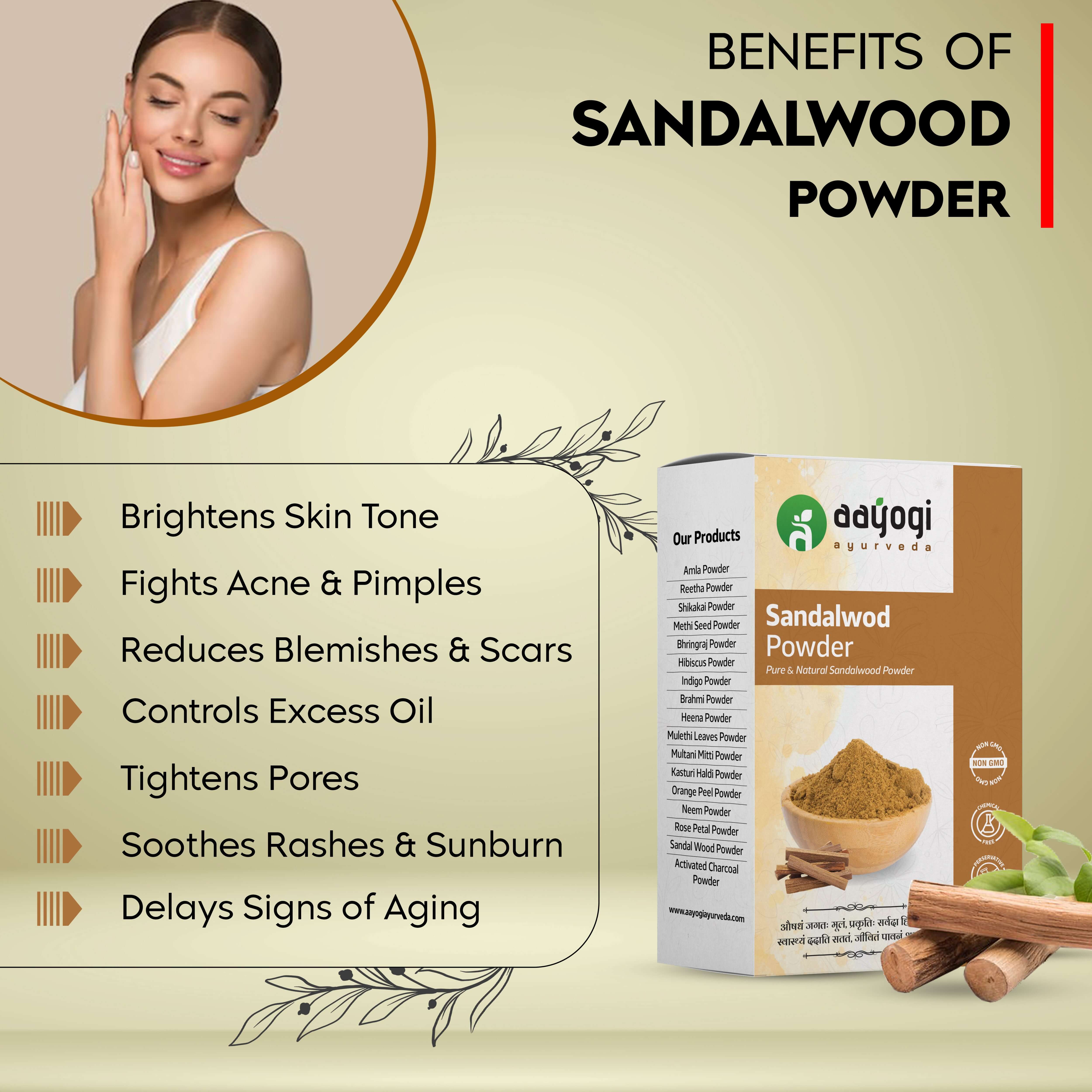 Aayogi Ayurveda Natural Sandalwood Powder benefits including skin brightening, acne control, and anti-aging properties.